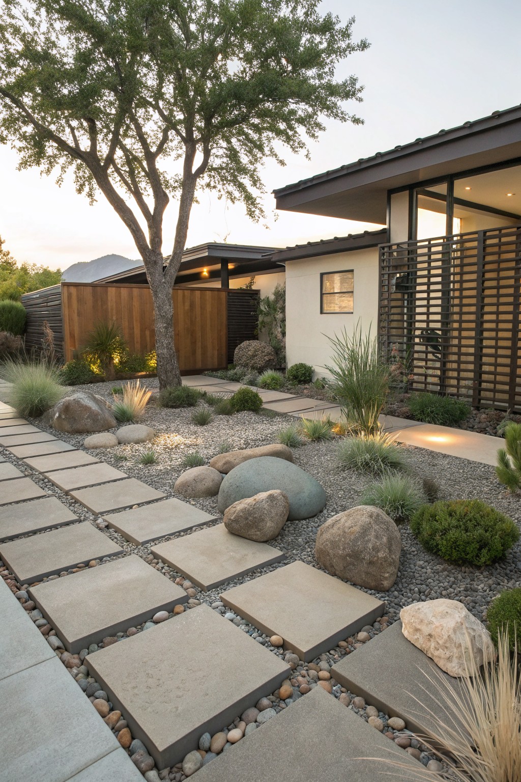 Front yard with concrete paver stepping stones set in gravel ground cover surrounded by large boulders, ornamental grasses, and small shrubs leading to a modern stucco house with wooden fence and metal screens.