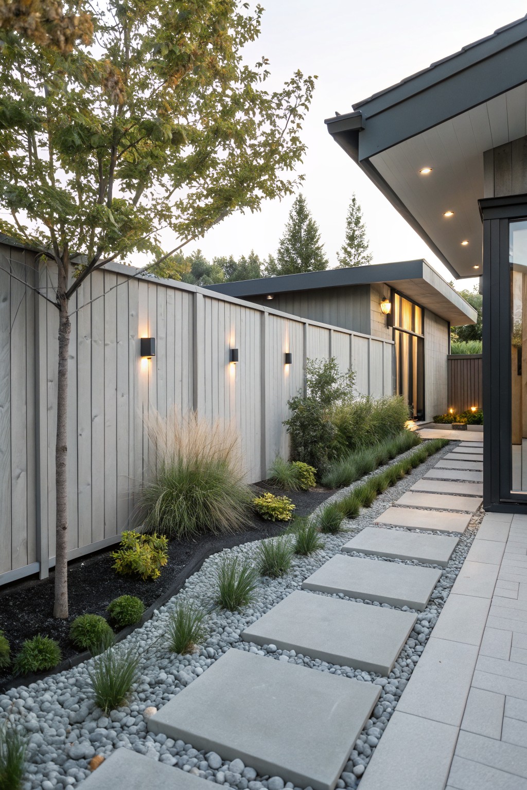 Side yard with tall light wood privacy fence, gravel beds planted with ornamental grasses and shrubs, large rectangular concrete stepping stones forming a path leading to the corner of a modern house with wood cladding and glass doors.