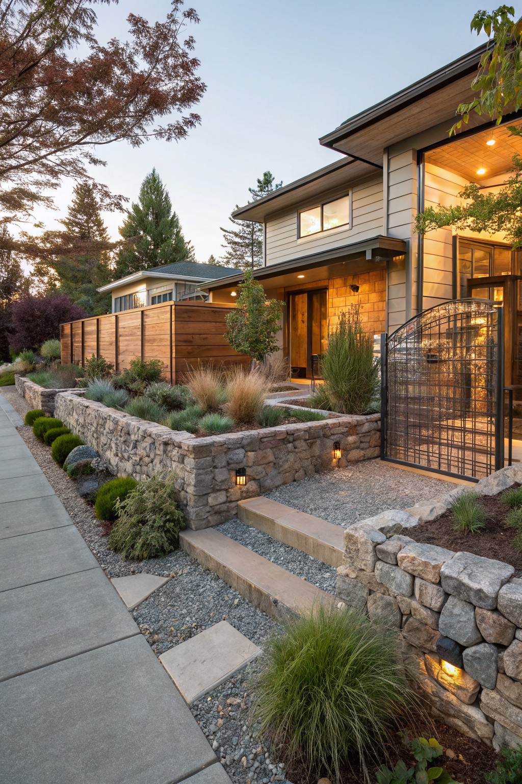 Sidewalk edged by low dry-stacked stone retaining wall planted with ornamental grasses and shrubs, gravel pathway and steps leading to black metal gate at modern house entry.