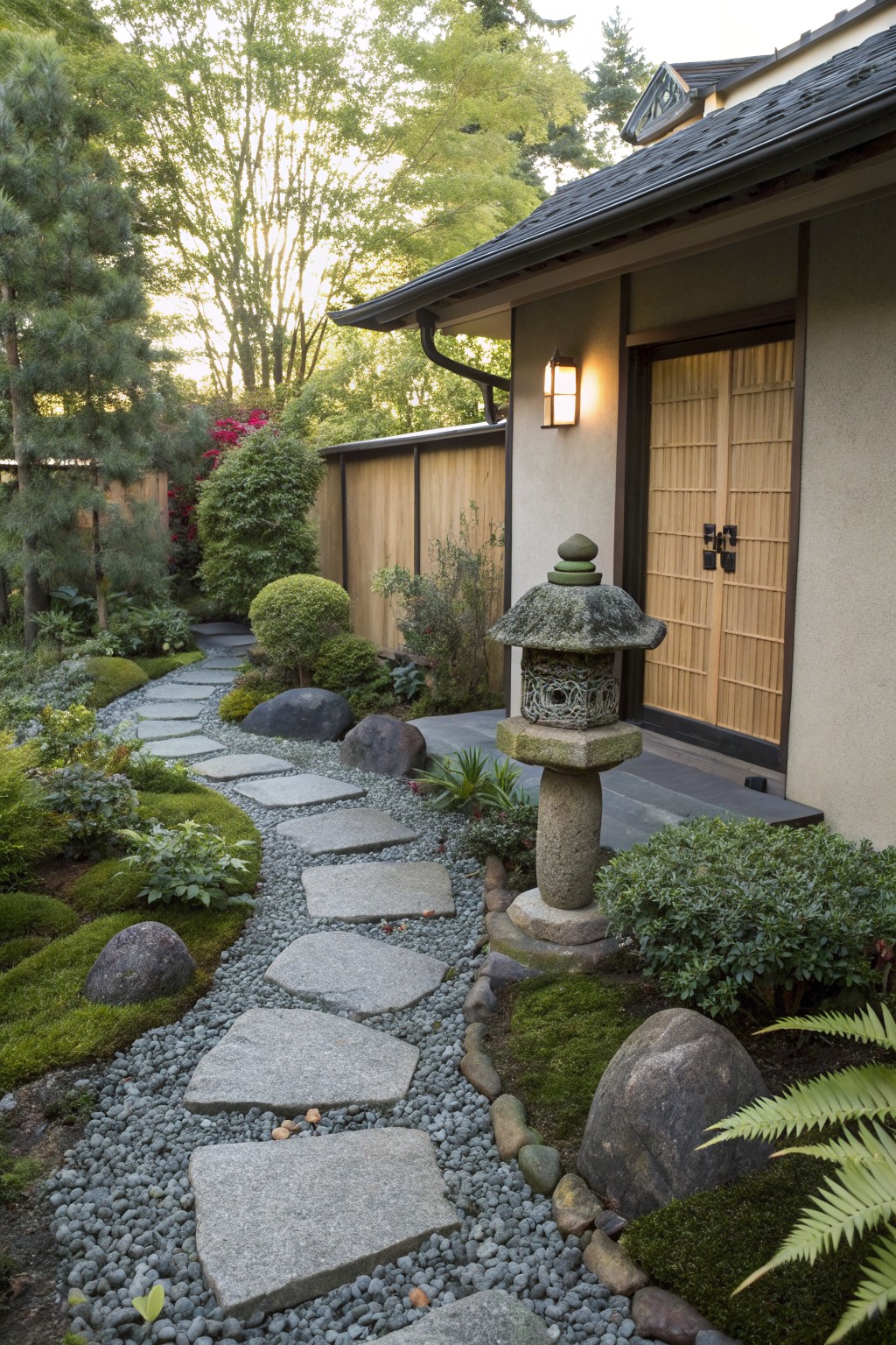 Winding path of irregular gray stone stepping stones through a gravel garden edged with moss, rocks, low shrubs, and ferns leading to the entry of a Japanese-style house with wooden doors and a stone lantern.