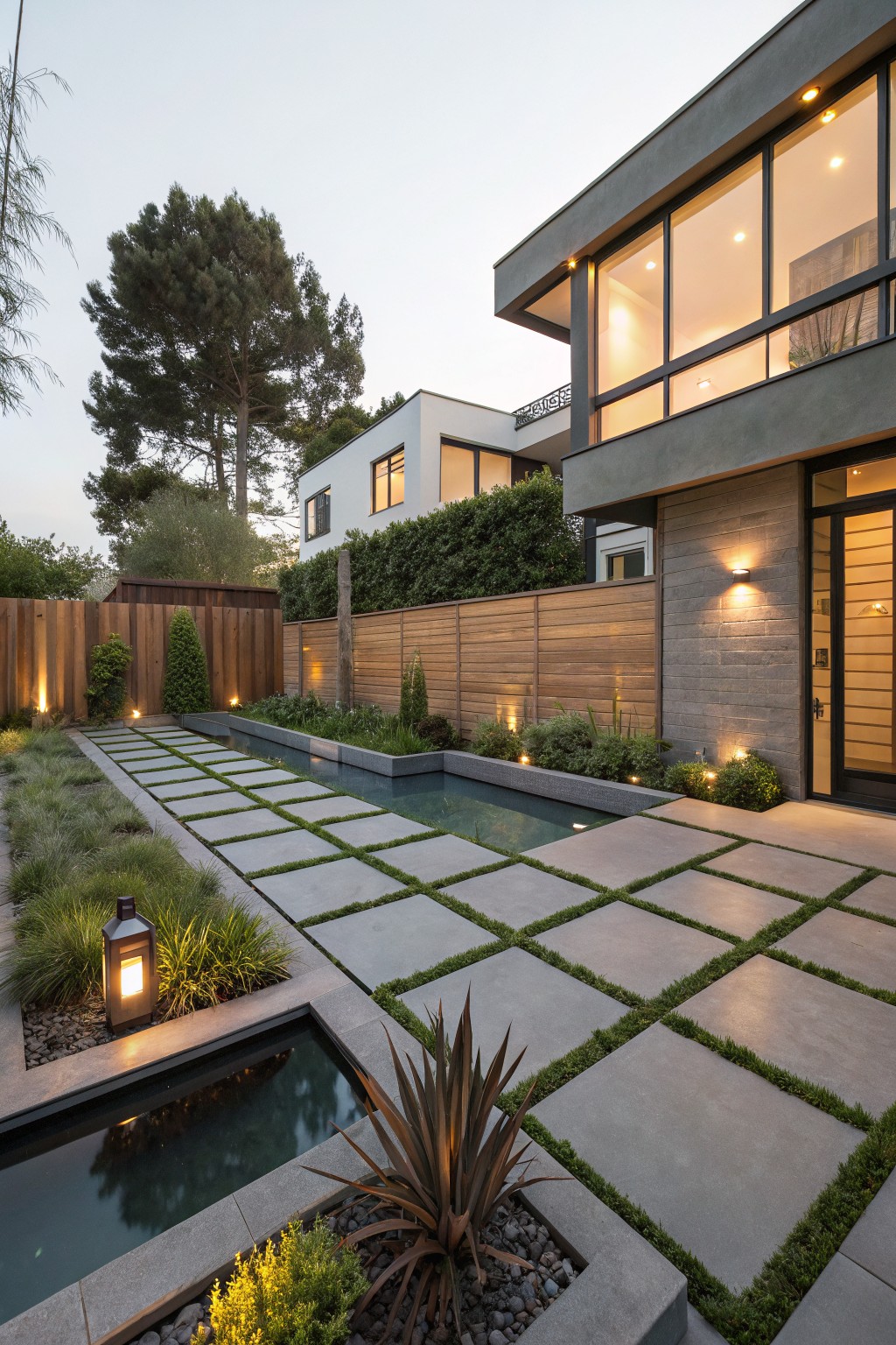 Modern landscaped pathway with large gray concrete pavers separated by grass strips, parallel to a narrow rectangular water channel, surrounded by low grasses, agave plants, lanterns, and lighting, next to a contemporary house exterior with wooden fence and trees.