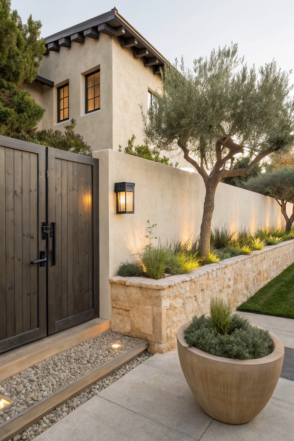 Beige stucco wall with dark wooden double gate, olive tree arching overhead, grasses and shrubs in stone retaining wall bed with uplights, gravel path with bollard lights, and large potted plant on concrete paving at dusk.
