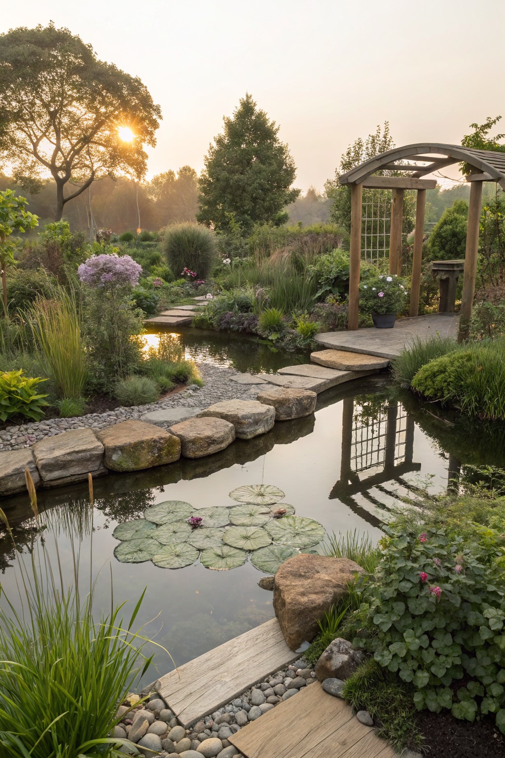 Serene garden scene with a pond, stepping stones, and vibrant flowers under sunset light.