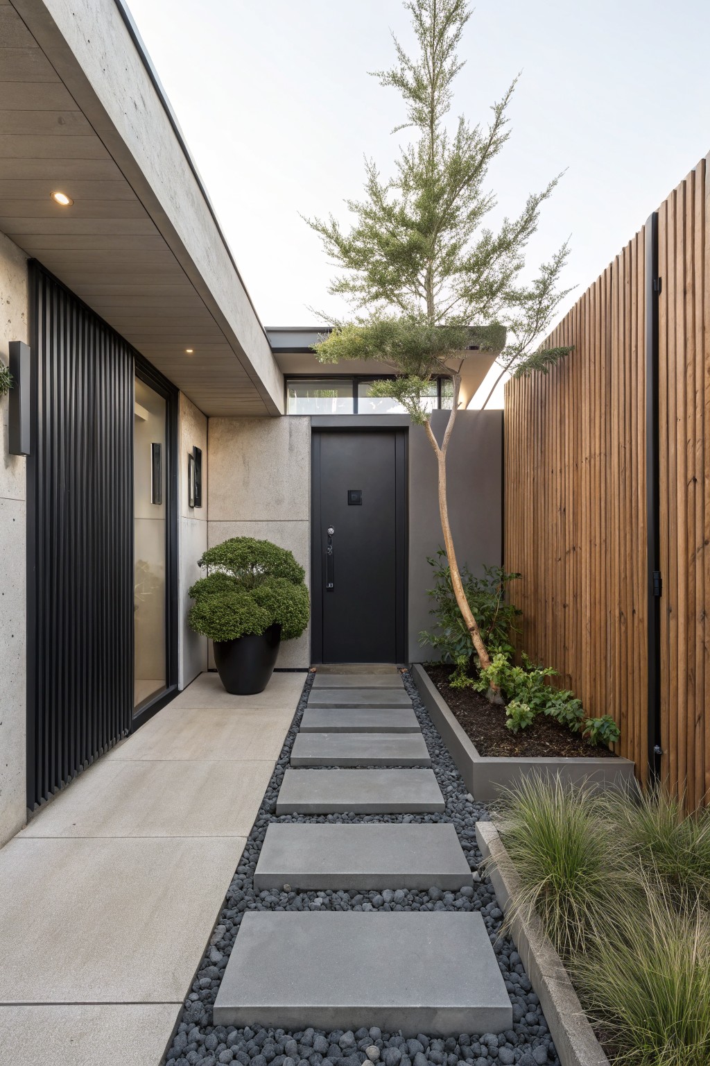 Modern house front entrance with concrete walls, black slatted screens and door, potted bonsai tree, slim tree, wooden fence, and gray stepping stone path set in black gravel bordered by plants.