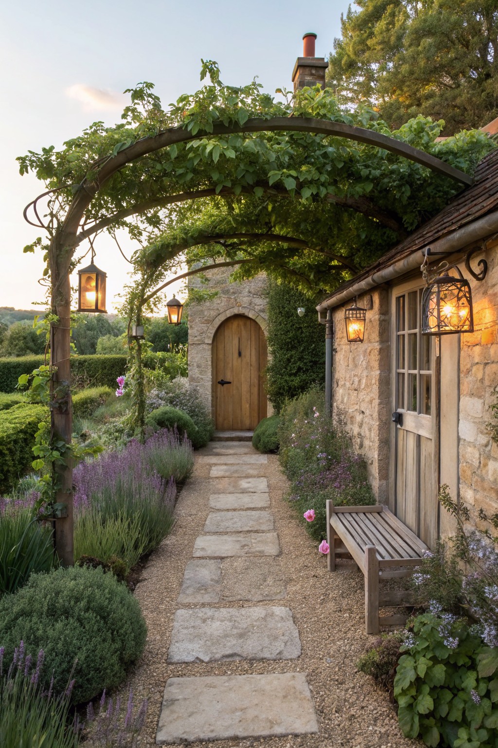 Stone slab pathway edged with gravel and bordered by lavender plants and shrubs leads through a garden to the arched wooden door of a small stone cottage under a vine-covered wooden trellis with hanging lanterns.