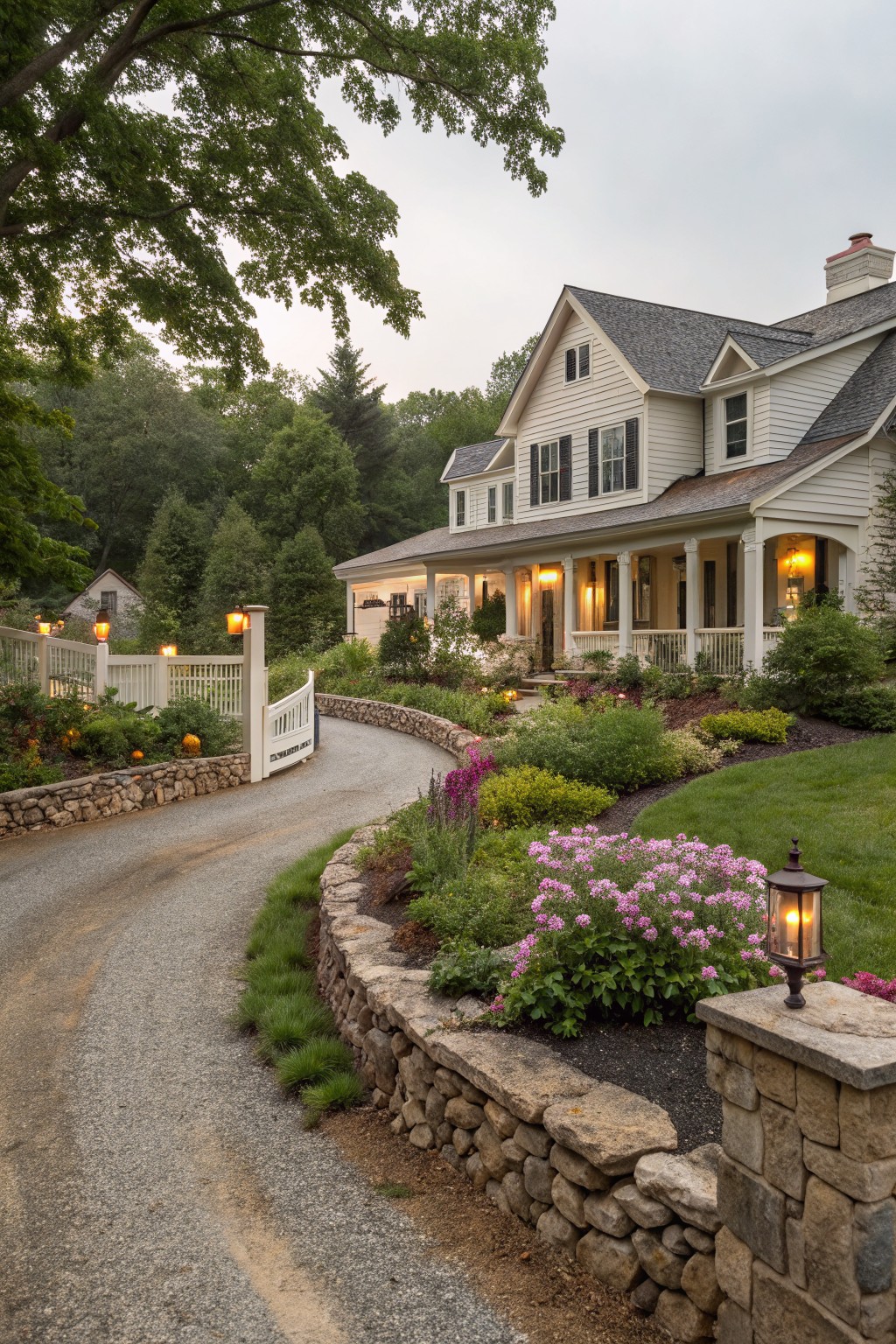 Curved gravel driveway bordered by stone retaining walls with flowering plants and grasses leading to a white clapboard house with porch, white picket gate, and lanterns.