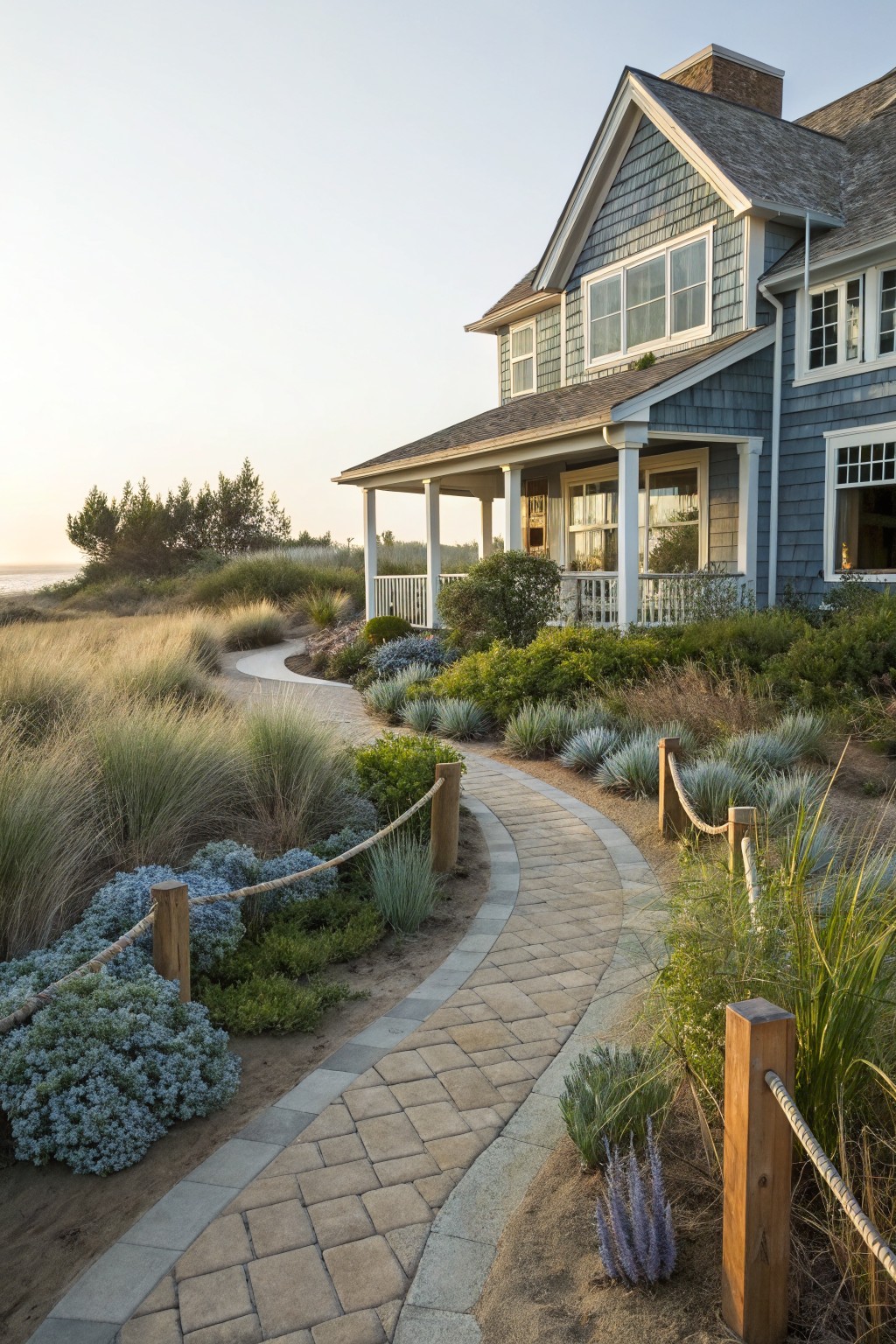 Blue shingled beach house with white-trimmed windows and porch, viewed from side with curving brick paver path winding through tall grasses, shrubs, and wooden posts with rope edging toward the ocean dunes.