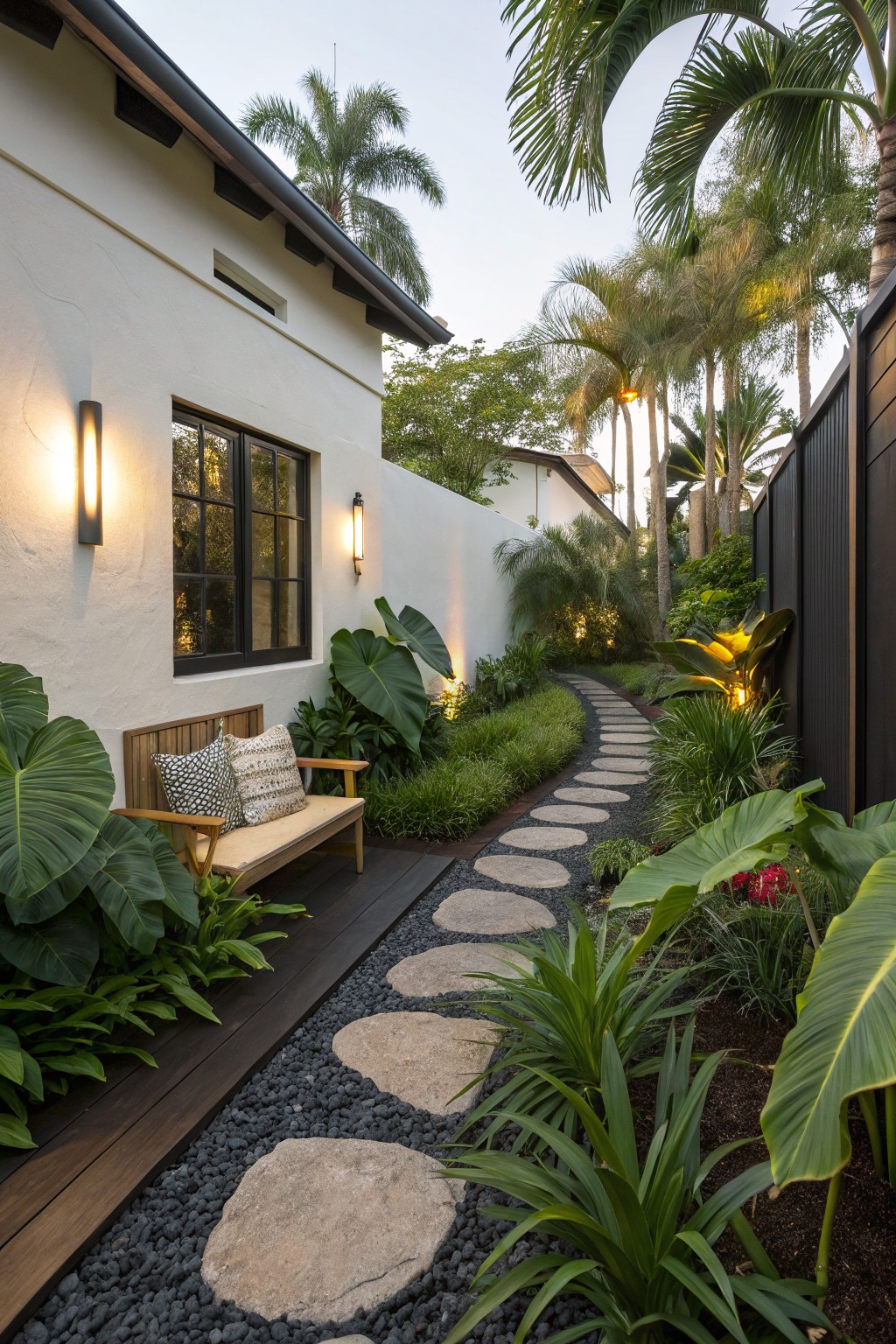 White stucco house wall with black-framed windows and wall lights borders a narrow garden path of irregular gray stepping stones set in black gravel, surrounded by lush green tropical plants including large elephant ear leaves and palms, with a wooden bench nearby.