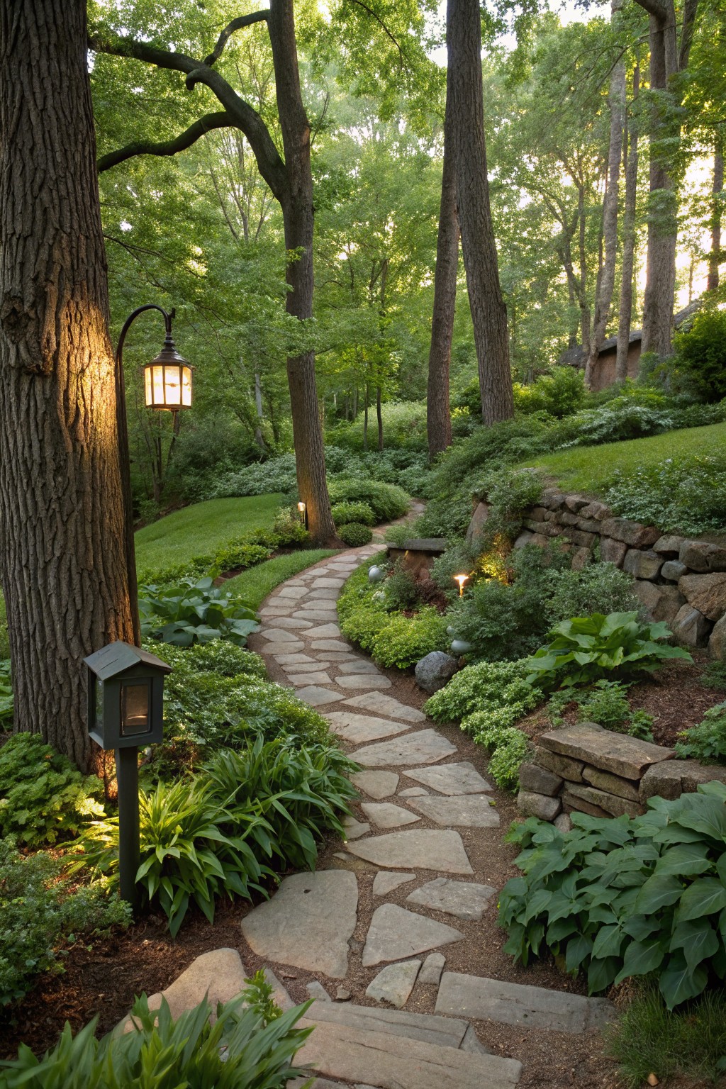 A curving flagstone path winds uphill through dense green plantings, stone retaining walls, lanterns, and tall trees in a shaded garden.