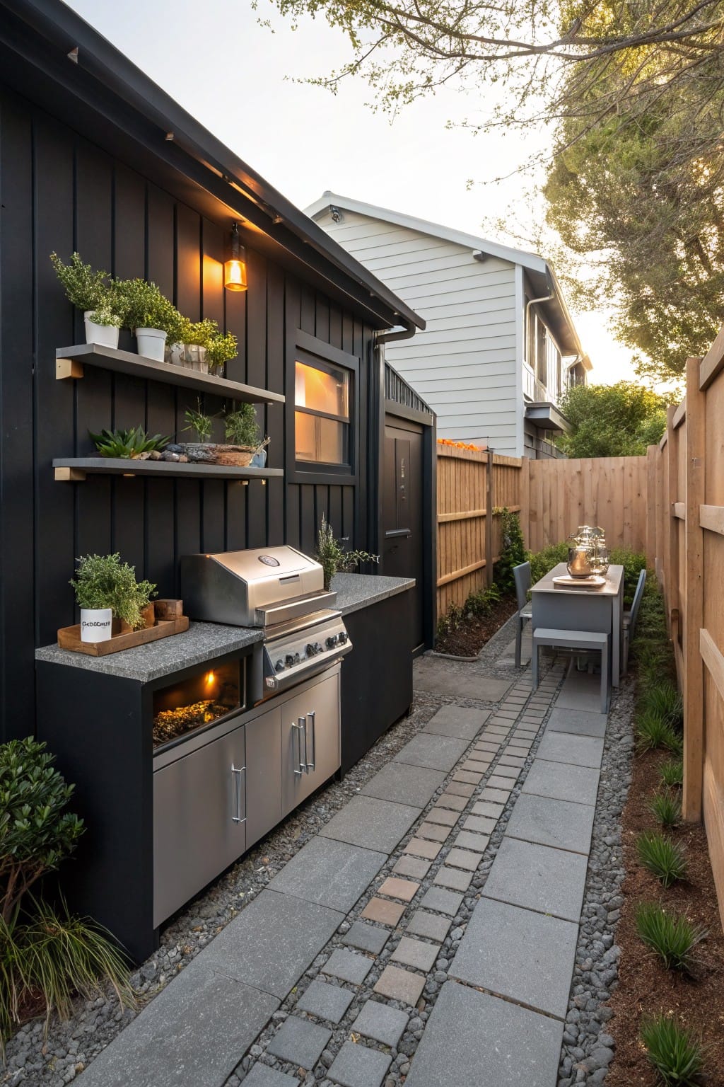 Black shed wall in a backyard with built-in stainless steel grill in black cabinets, wall-mounted shelves holding potted plants, warm wall light, gravel pathway, wooden fence, and nearby outdoor dining table.