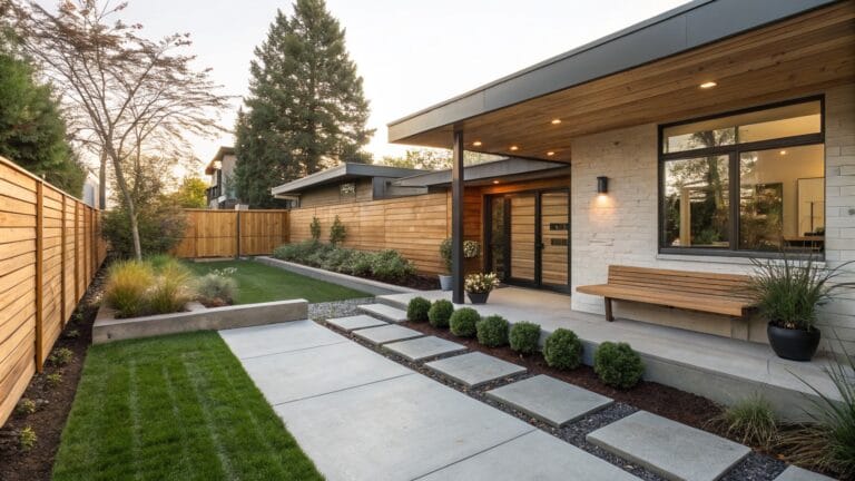 Narrow backyard pathway of large rectangular concrete stepping stones embedded in a grass strip, bordered by gravel and shrubs, next to a modern house with wooden benches, a fire pit, and dusk lighting.