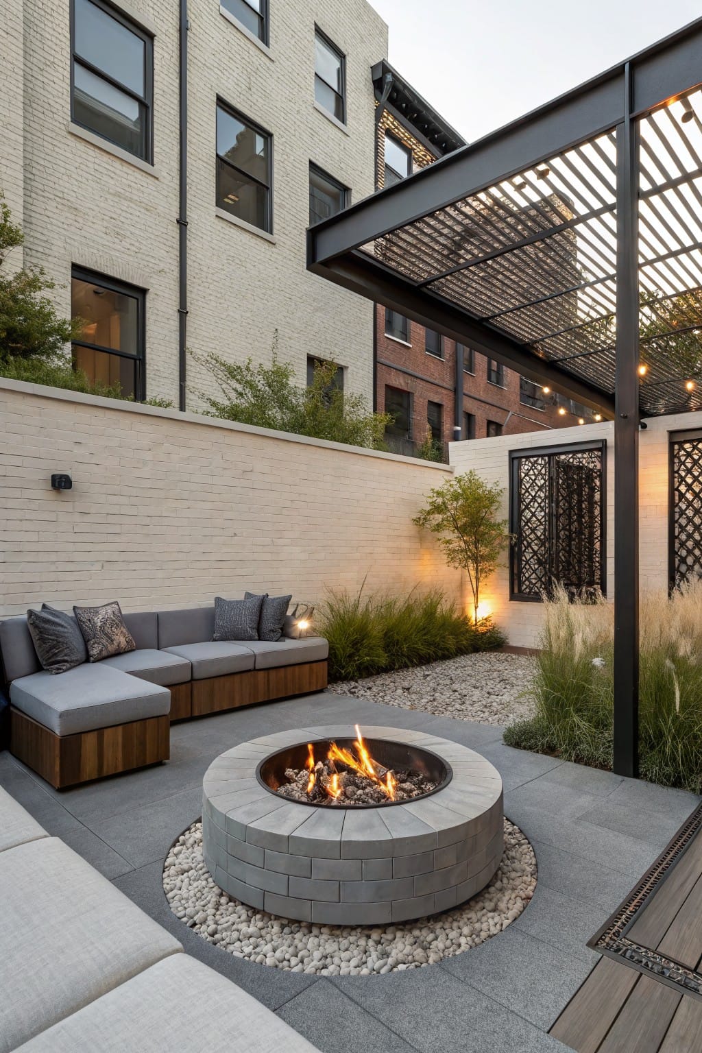 Small modern backyard patio with central gray concrete fire pit ringed by white pebbles, L-shaped low gray seating on wood base, grasses and trees, metal pergola with string lights, and brick walls with screens.