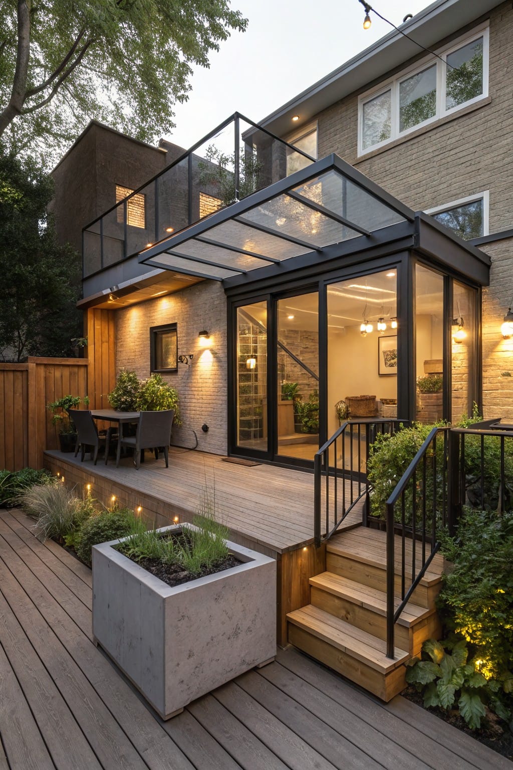 Rear view of a two-story brick house with a glass-walled and glass-roofed extension, wooden deck with table and chairs, stairs, potted plants, and path lighting in a backyard.
