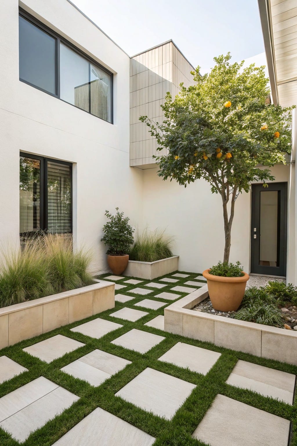 White stucco walls enclose a small courtyard with a gridded pathway of light stone tiles and green grass squares leading to a dark entry door, flanked by raised planters with grasses, a large potted citrus tree nearby, and large windows on the buildings.