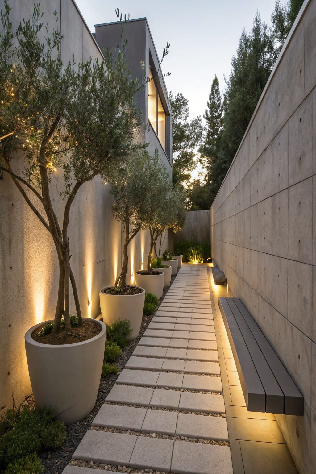 Narrow backyard pathway of light-colored pavers lined with tall olive trees in large white pots, lit by uplights against tall concrete walls, with a bench at the end.