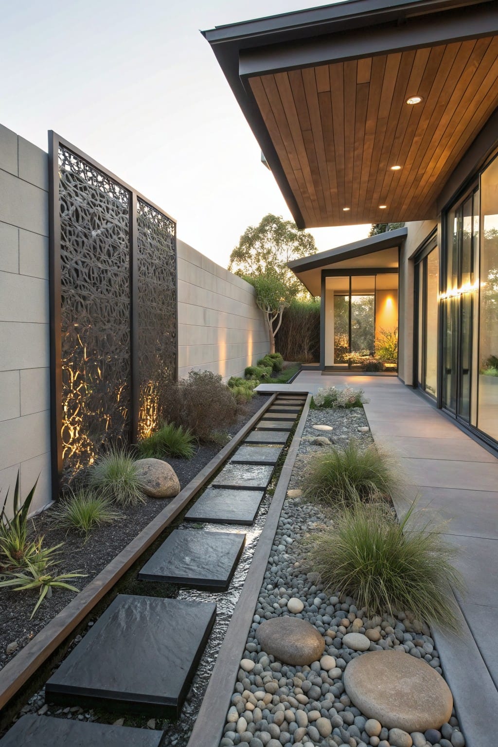 Narrow backyard path of dark slate stepping stones set in gravel and pebbles beside a shallow water channel, with grasses and plants along the edges, next to a modern house and screened concrete wall.