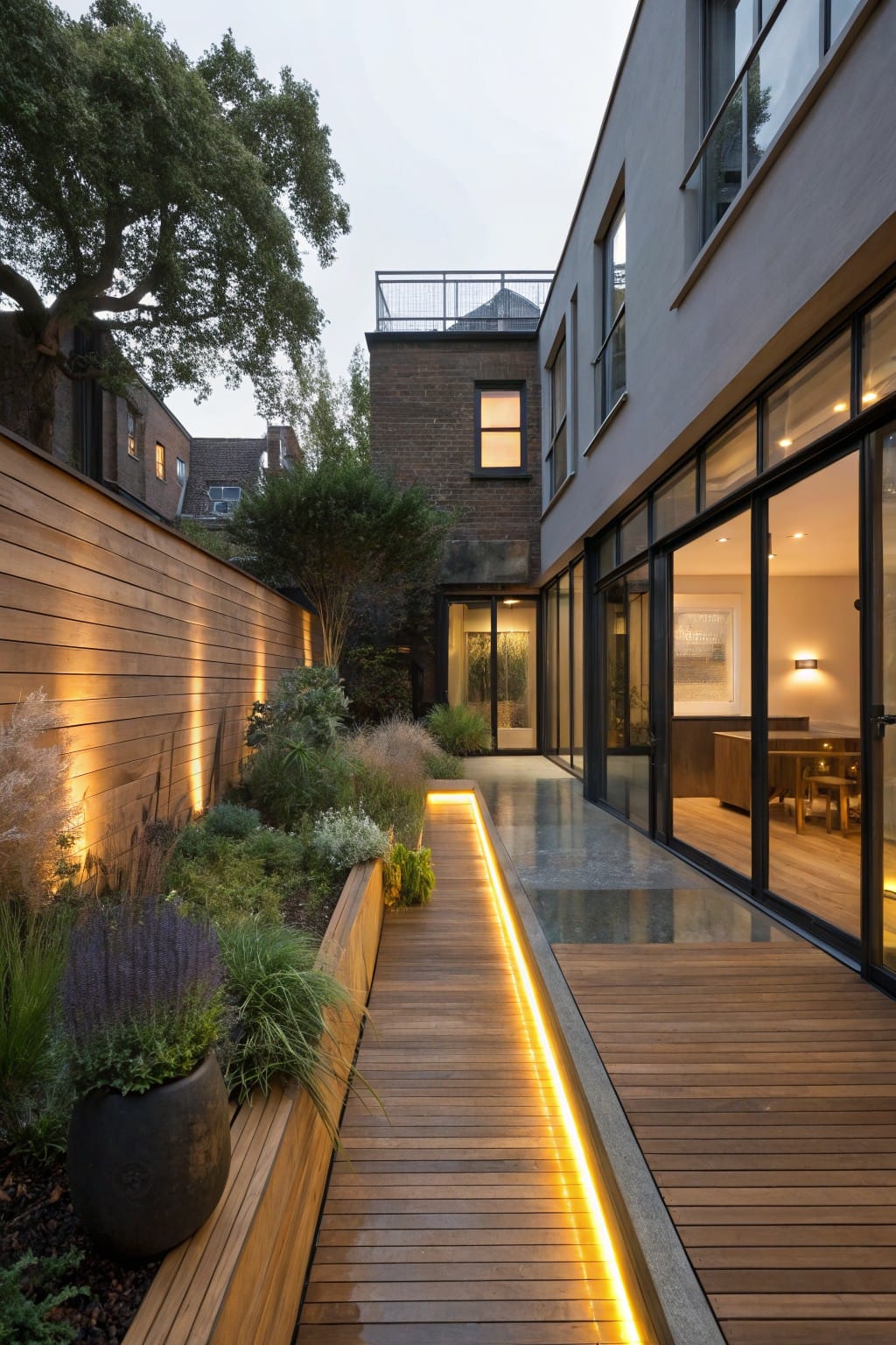 Narrow wooden deck walkway with edge-mounted LED strip lighting runs through a backyard garden bed planted with grasses and shrubs, leading to sliding glass doors on a modern house with dark cladding and wooden fencing.