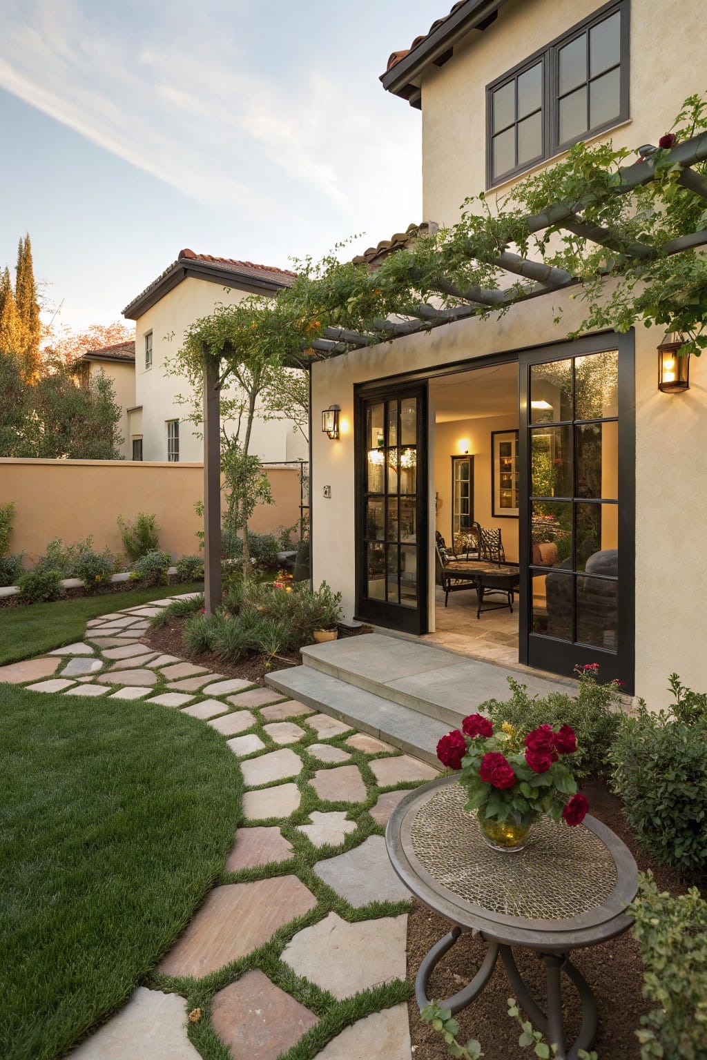 Backyard patio of a beige stucco house with black-framed sliding glass doors under a vine-covered wooden pergola, curved stone pathway through grass, potted red roses on a round metal table, and surrounding plants and lanterns.
