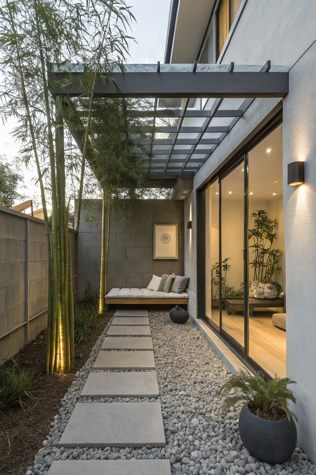Modern backyard with a slatted metal pergola covered in bamboo above a cushioned daybed bench, a stone pathway through gravel, tall bamboo plants lining the area, and glass sliding doors on a light gray house wall.