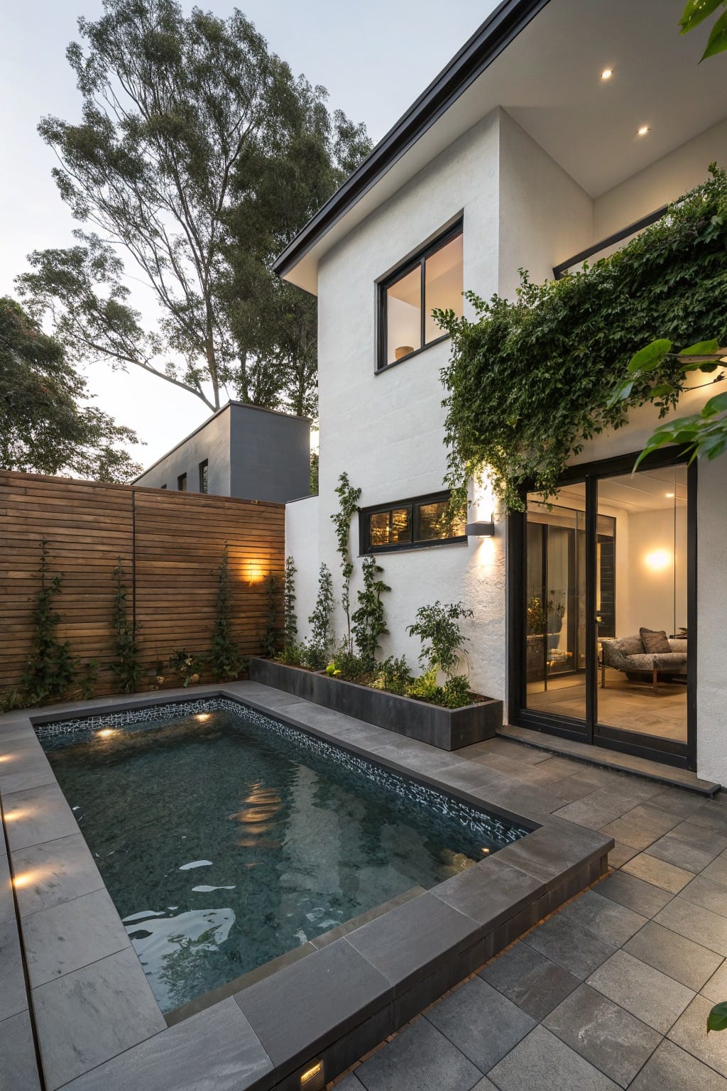 White modern house with black-framed glass doors overlooking a small rectangular plunge pool edged in black stone, surrounded by plants, wooden slat fence, and dusk lighting in a compact backyard.