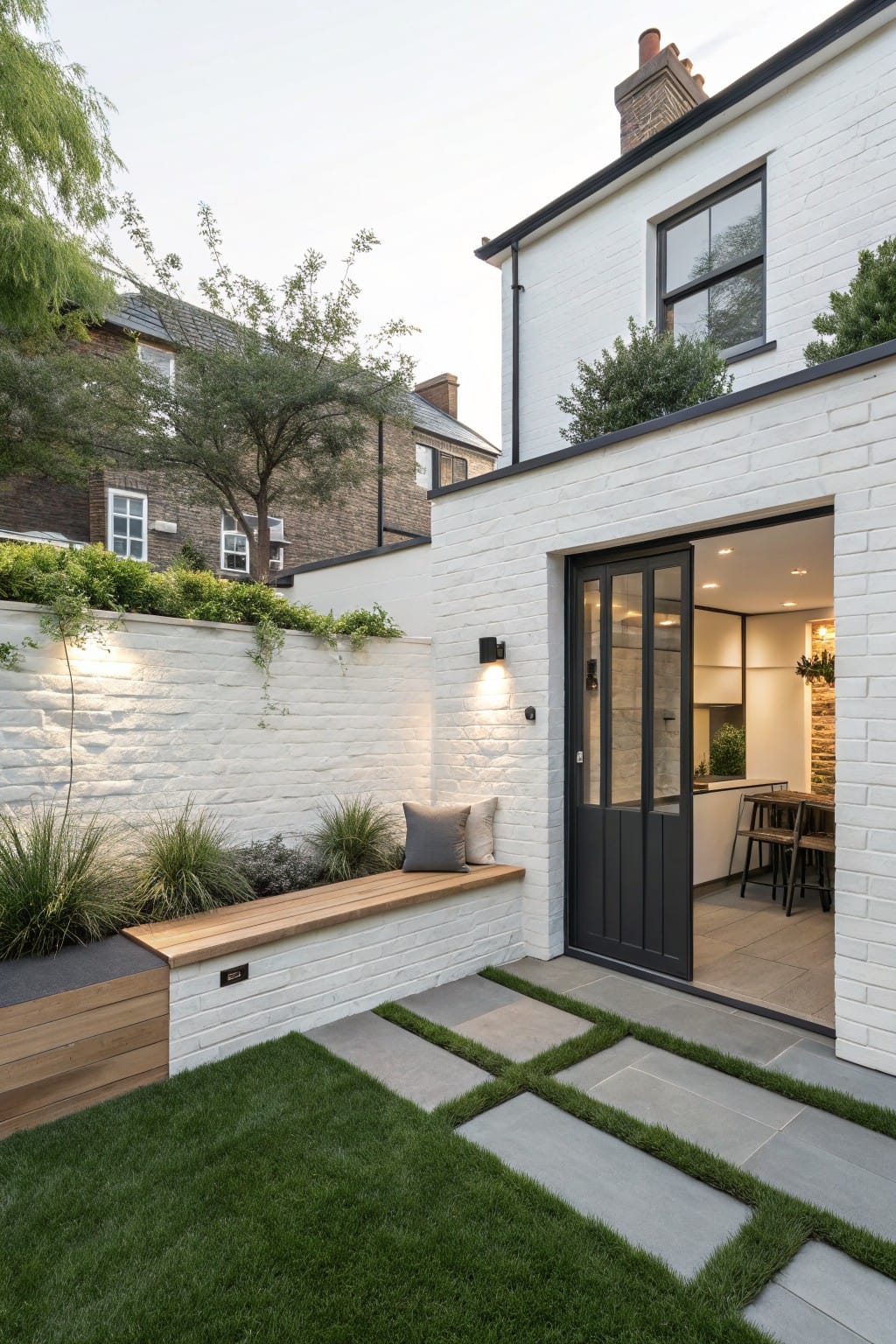 White brick house exterior with black-framed sliding glass doors opening to backyard, low wooden bench with cushions in grass-planted bed against wall, paved stone path through green lawn.