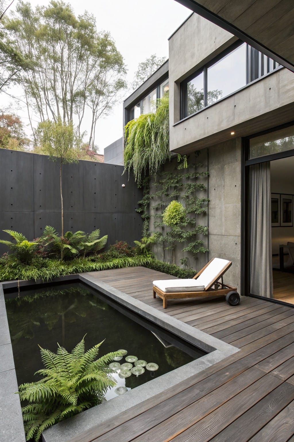 Compact modern backyard patio with narrow rectangular plunge pool containing lily pads, wooden deck, white lounge chair, ferns, and vertical greenery on dark concrete walls.