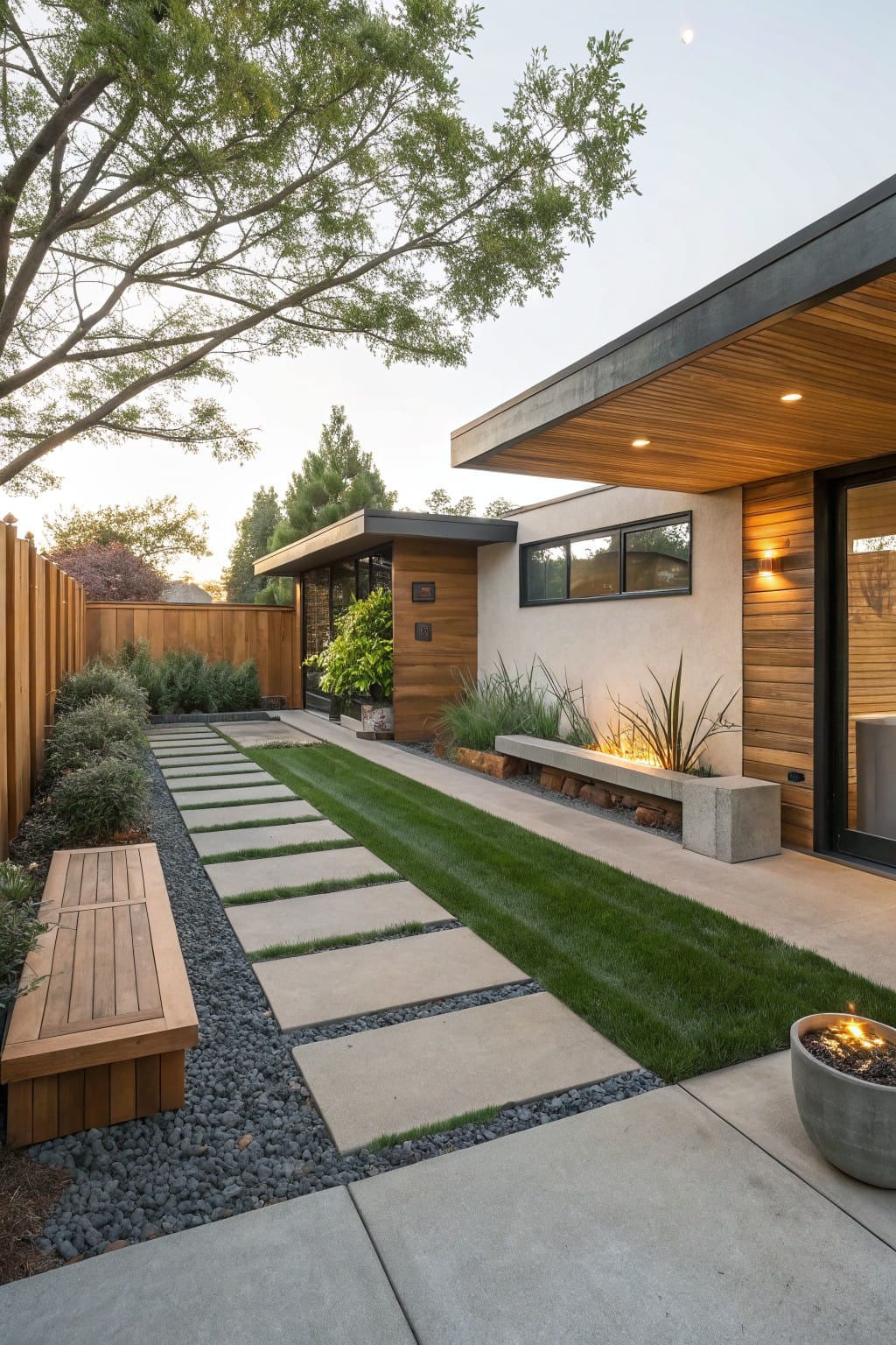 Narrow backyard pathway of large rectangular concrete stepping stones embedded in a grass strip, bordered by gravel and shrubs, next to a modern house with wooden benches, a fire pit, and dusk lighting.