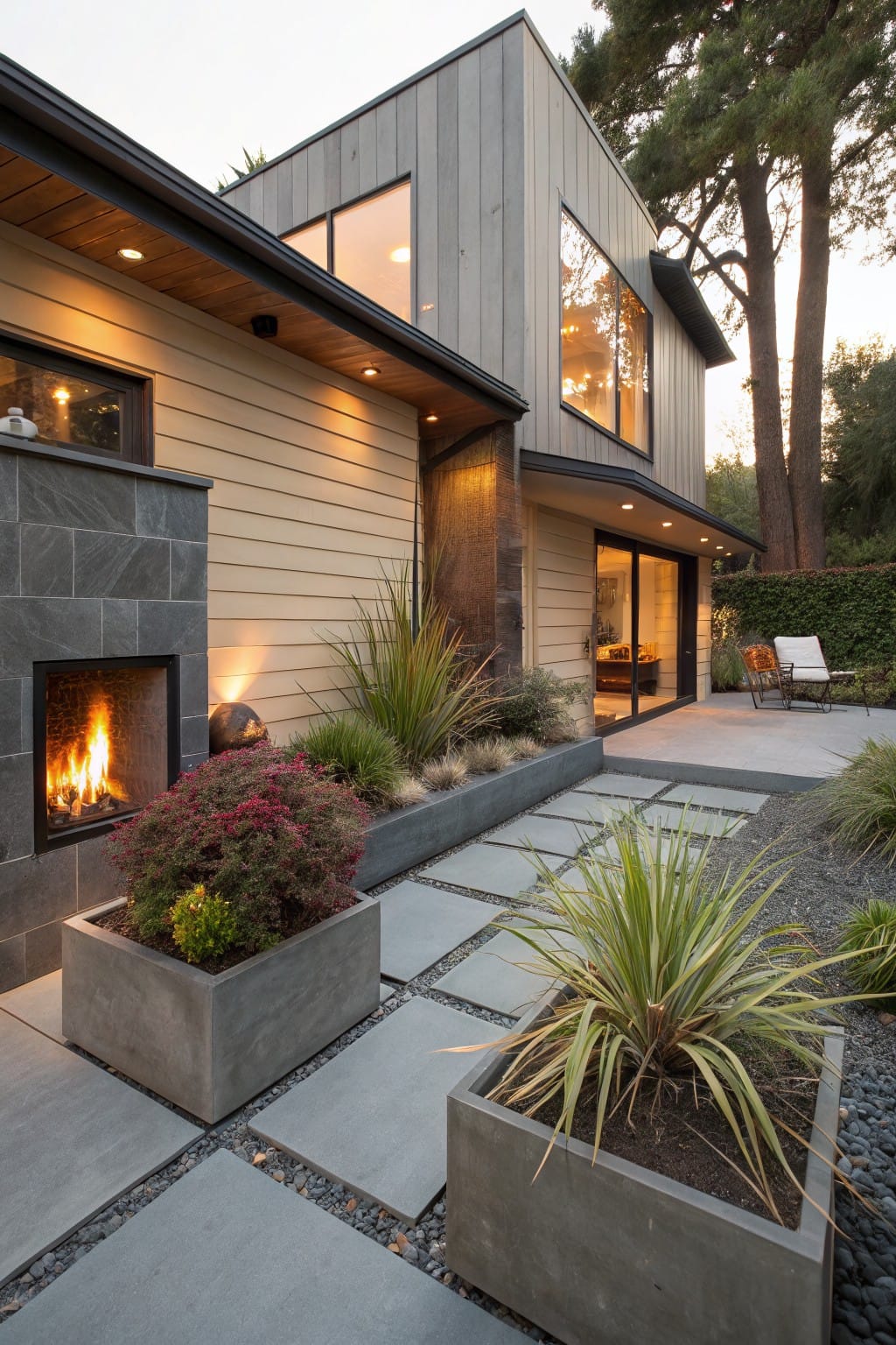 Modern backyard patio area with built-in stone outdoor fireplace, gray concrete paver walkway, large square concrete planters holding grasses and shrubs, gravel ground cover, flanked by house with wood cladding and large windows.