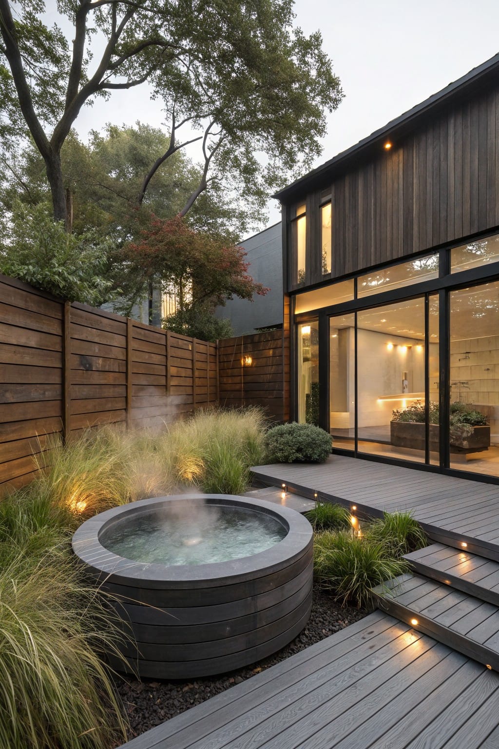 Modern backyard featuring a circular gray stone hot tub steaming amid tall ornamental grasses on a wooden deck with steps, next to a contemporary house with black wood cladding, glass doors, and a wooden fence.
