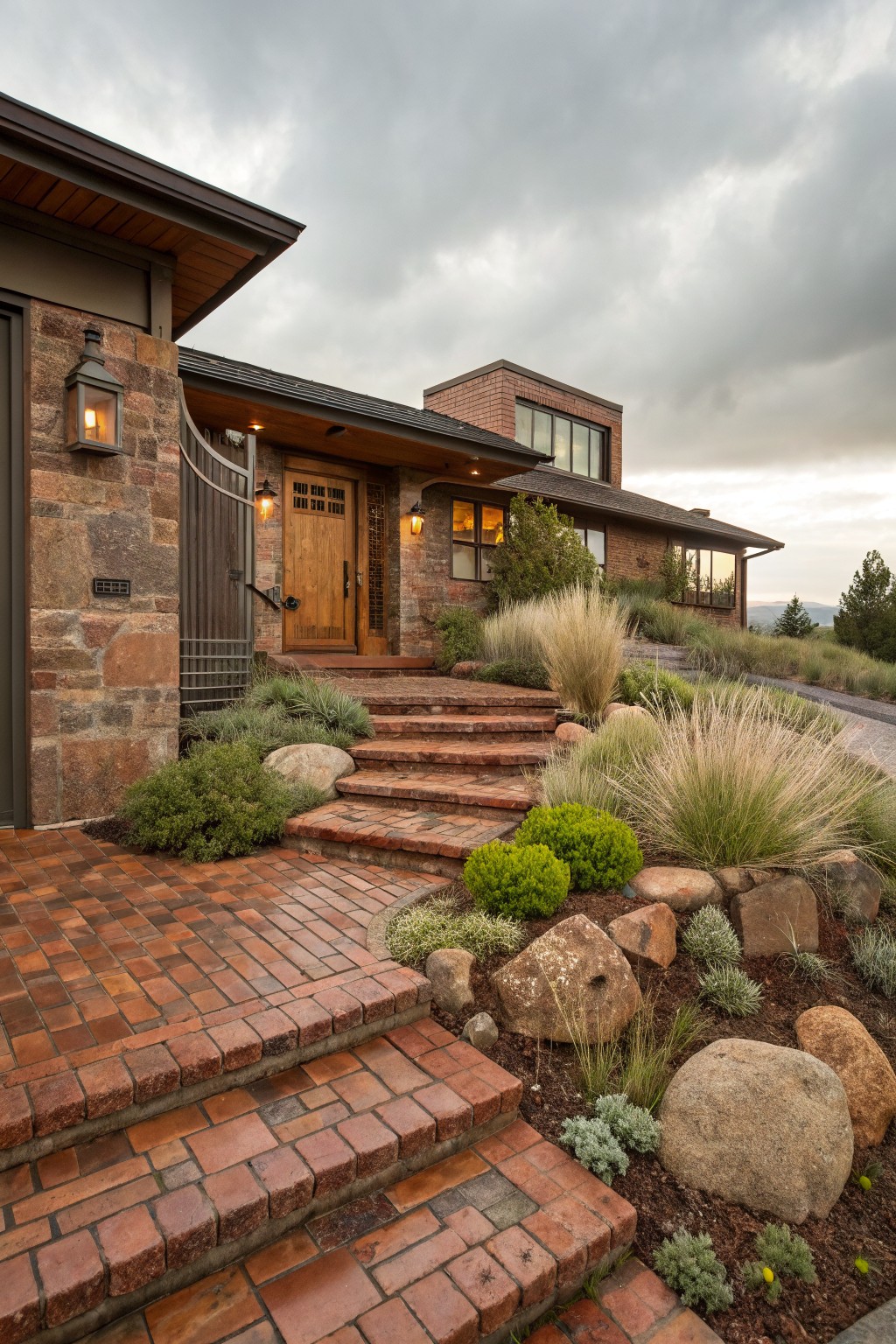 House entrance with brick steps and path leading to wooden doors, bordered by beds of large boulders, ornamental grasses, shrubs, and small plants on a sloped front yard under cloudy skies.