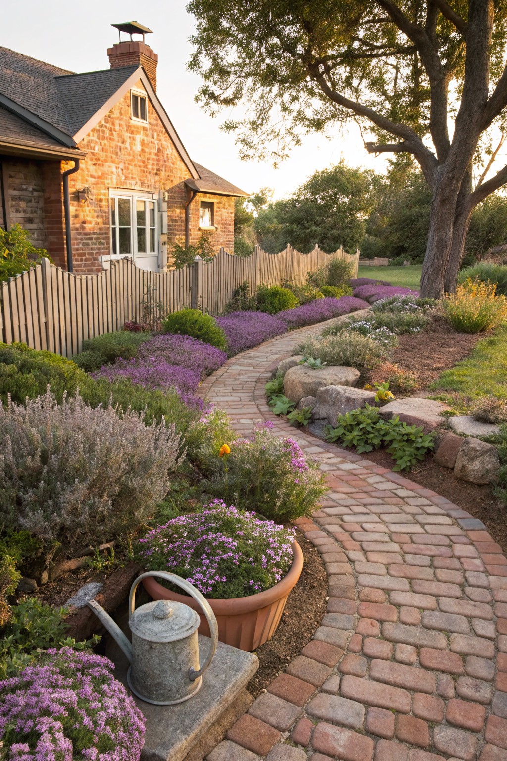 Winding brick pathway curves through a front yard garden bed filled with purple lavender, pink flowers in a terracotta pot, rocks, and a metal watering can, beside a picket fence and brick house.