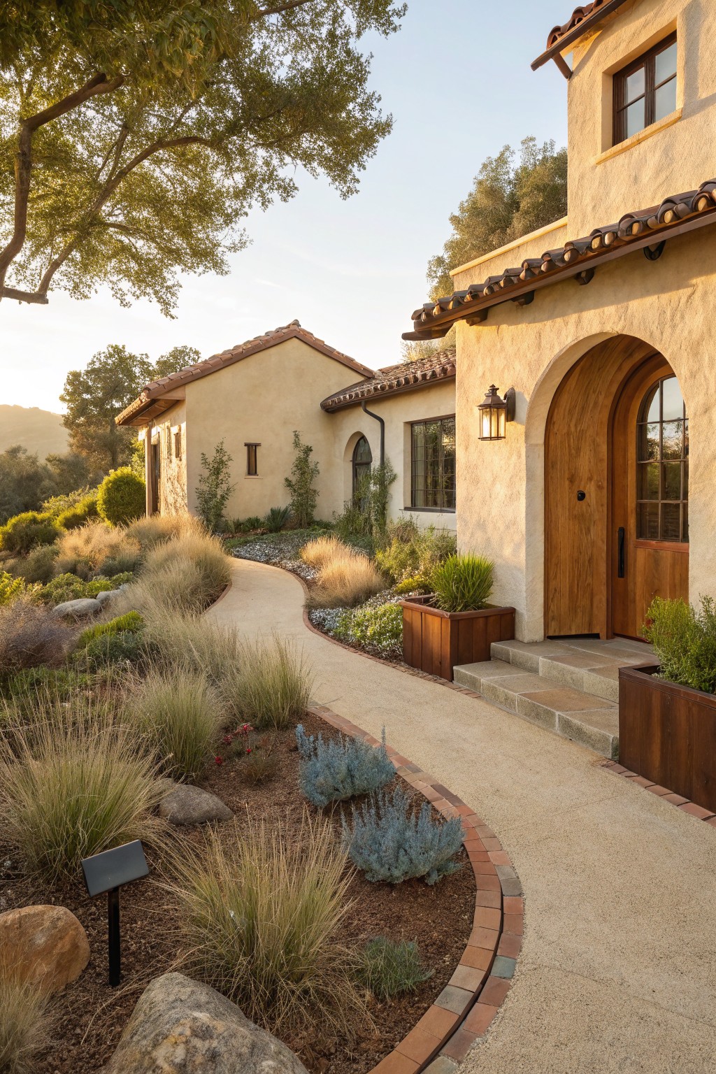 Curved gravel pathway edged with bricks leads to an arched wooden door on a beige stucco house, surrounded by ornamental grasses, shrubs, rocks, and planters in a dry hillside landscape at sunset.