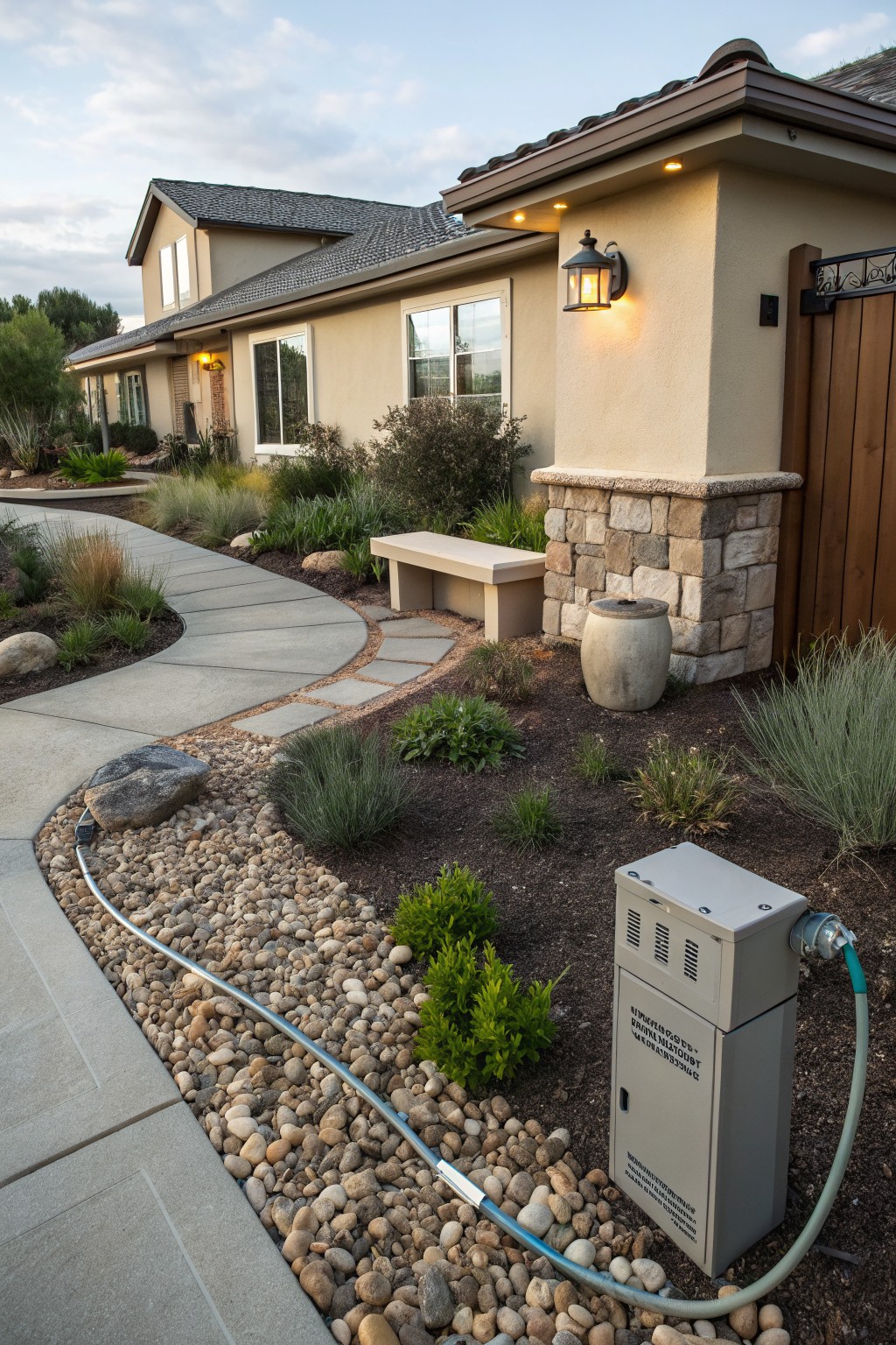 Curved concrete pathway winding through gravel-mulched beds with drought-tolerant plants, rocks, a bench, and irrigation box in a front yard next to a beige stucco house with stone pillar and wooden gate.