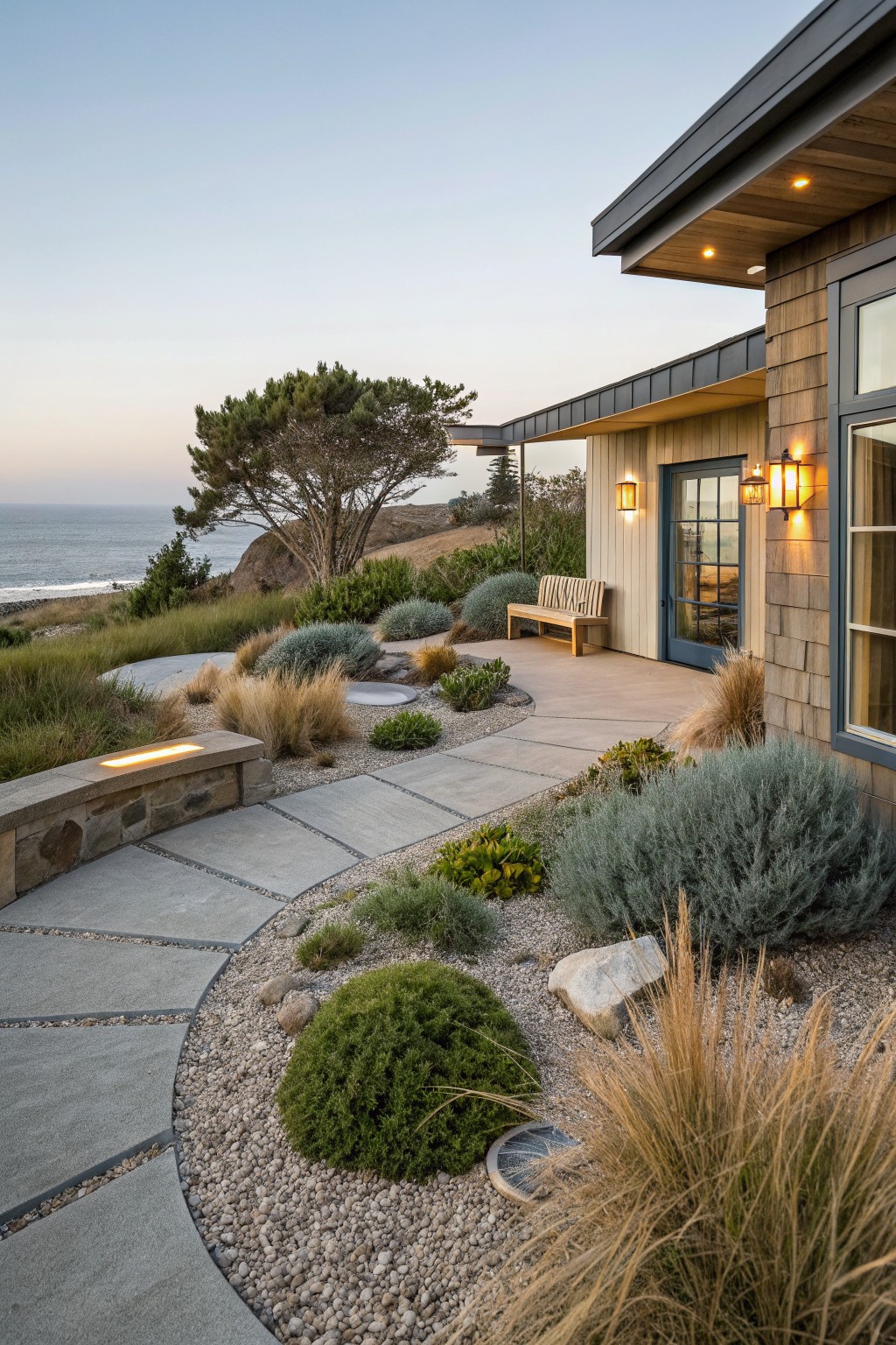 Curved concrete pathway winding through gravel beds, drought-tolerant grasses, and shrubs leading to a shingled house exterior with a wooden bench and ocean view at dusk.