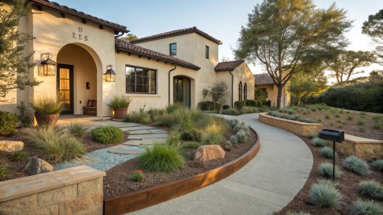 Curved gravel pathway edged with bricks leads to an arched wooden door on a beige stucco house, surrounded by ornamental grasses, shrubs, rocks, and planters in a dry hillside landscape at sunset.