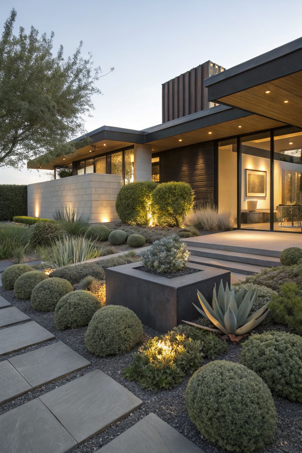 Modern house exterior at dusk with xeriscape landscaping featuring a pathway of large gray pavers set in dark gravel, bordered by clipped green shrubs, agave plants, grasses, and uplights, leading to entry steps.