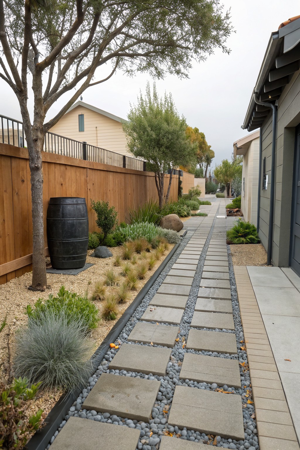 Side yard pathway of large rectangular concrete pavers separated by gravel joints, bordered by gravel mulch, ornamental grasses, succulents, and shrubs, next to a wooden fence, tree, and house garage.