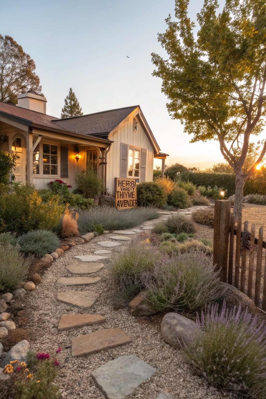 Winding path of irregular flat stones set in gravel through a front yard garden of drought-tolerant plants including lavender bushes and grasses, leading to a light-colored house with a wooden sign reading 