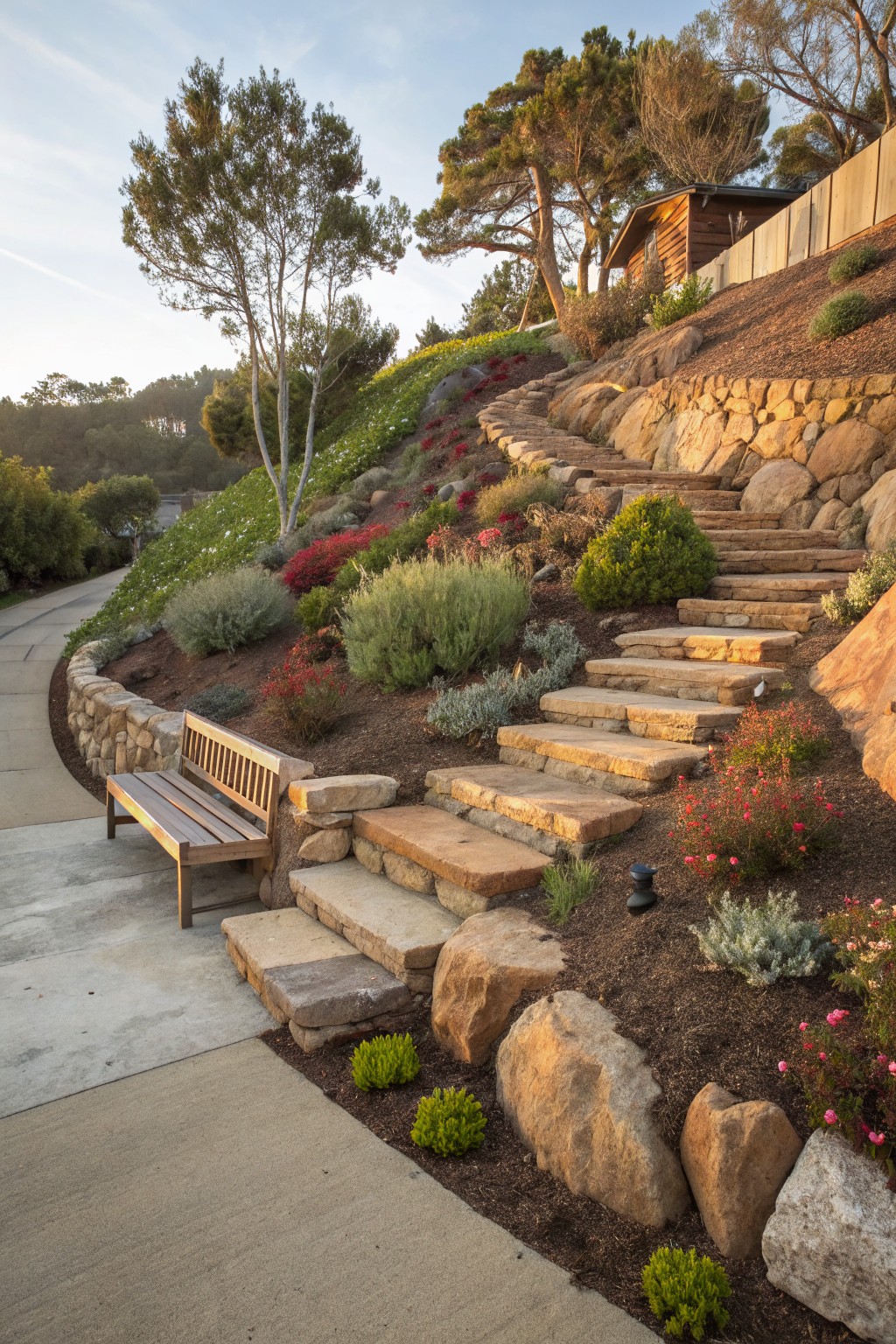 Wide irregular stone steps leading up a terraced hillside planted with shrubs, groundcovers, and boulders, next to a wooden bench on a paved path.