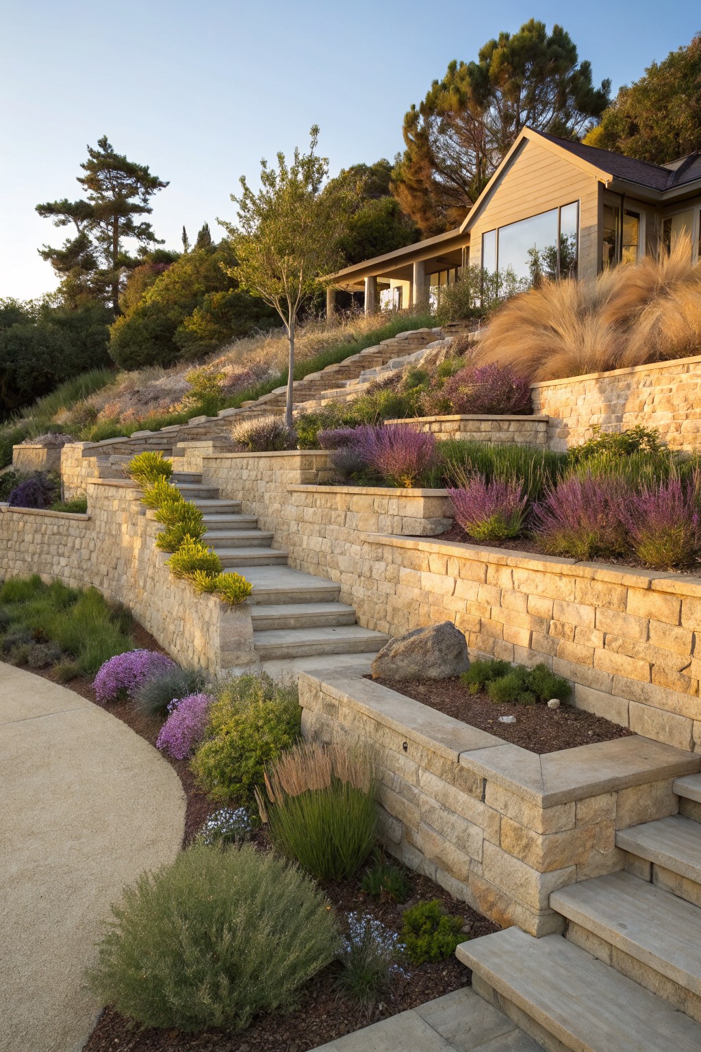 Sloped front yard with multiple terraced sandstone retaining walls planted with lavender, ornamental grasses, and shrubs, featuring wide concrete stairs leading to a shingled house.