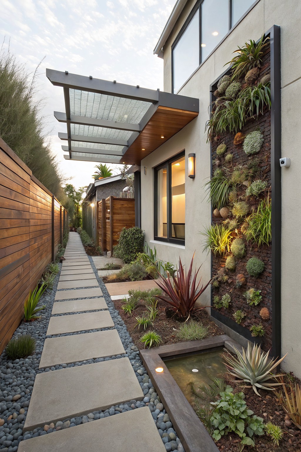 Narrow side yard pathway of concrete pavers bordered by gravel and drought-tolerant plants, with a vertical succulent garden on a stucco wall, small rectangular water feature, wooden fences, and glass pergola overhead.