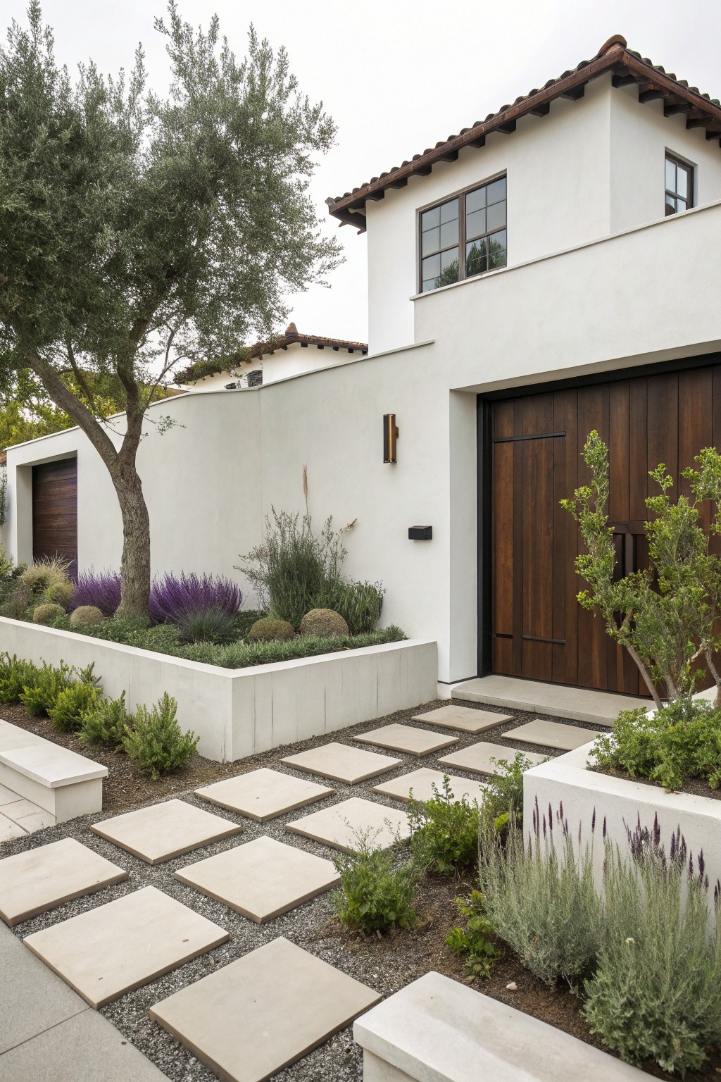 White stucco house exterior with double wooden garage doors, flanked by raised concrete planters containing lavender, grasses, succulents, and agave, leading to a pathway of large square concrete pavers set in gravel.