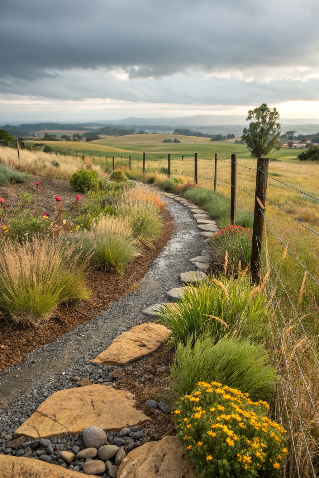 A curved gravel path with large flat stepping stones, bordered by ornamental grasses, red flowers, and yellow blooms, next to a wooden post-and-wire fence in a dry landscape with distant fields and hills under a cloudy sky.