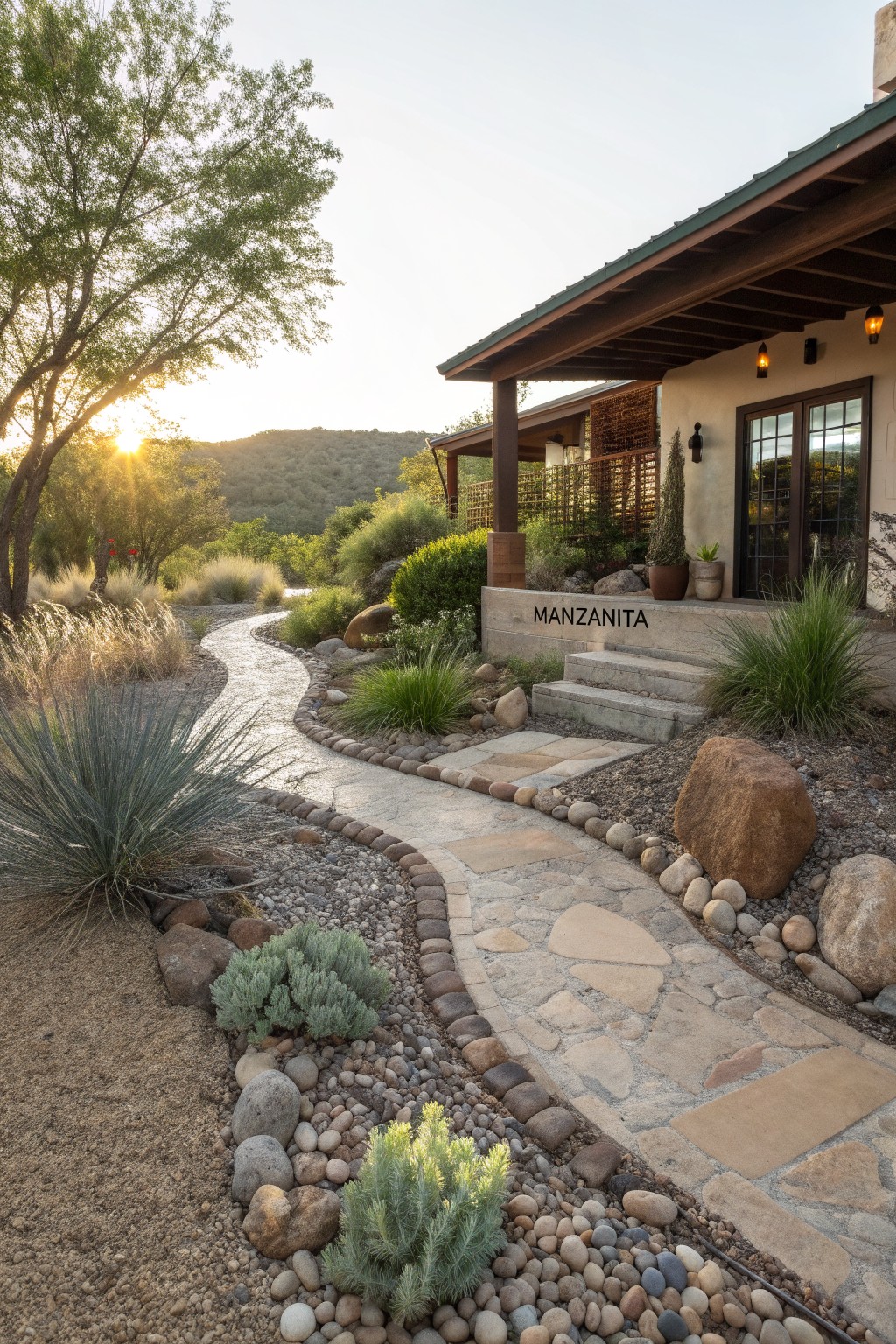 Winding flagstone pathway edged with pebbles and rocks winds through xeriscape plantings including agave and grasses toward the front steps of a stucco house with a covered porch and desert landscape in the background.