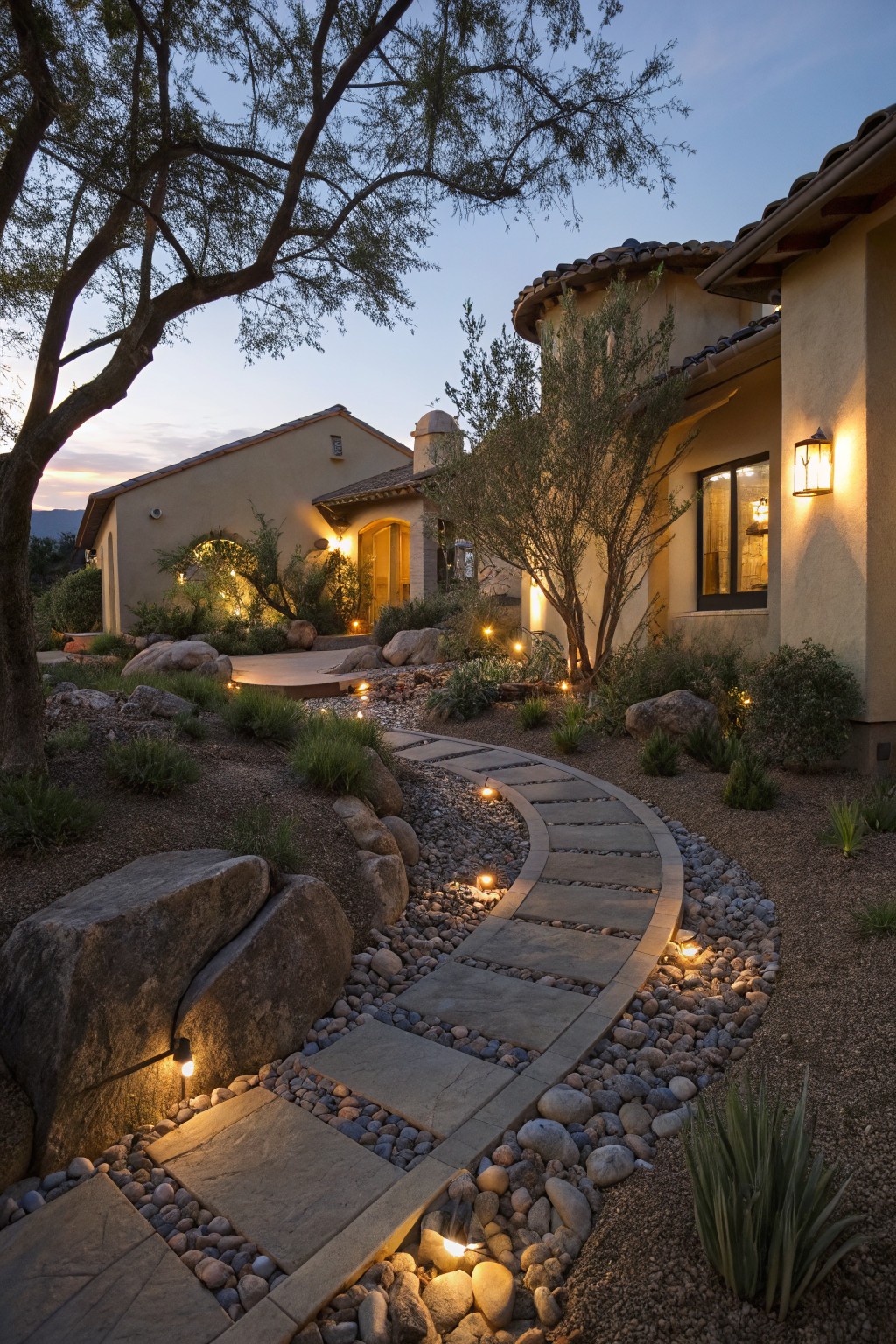 Curved flagstone pathway with low ground lights, edged by boulders and gravel in a desert xeriscape yard leading to a stucco house at evening.