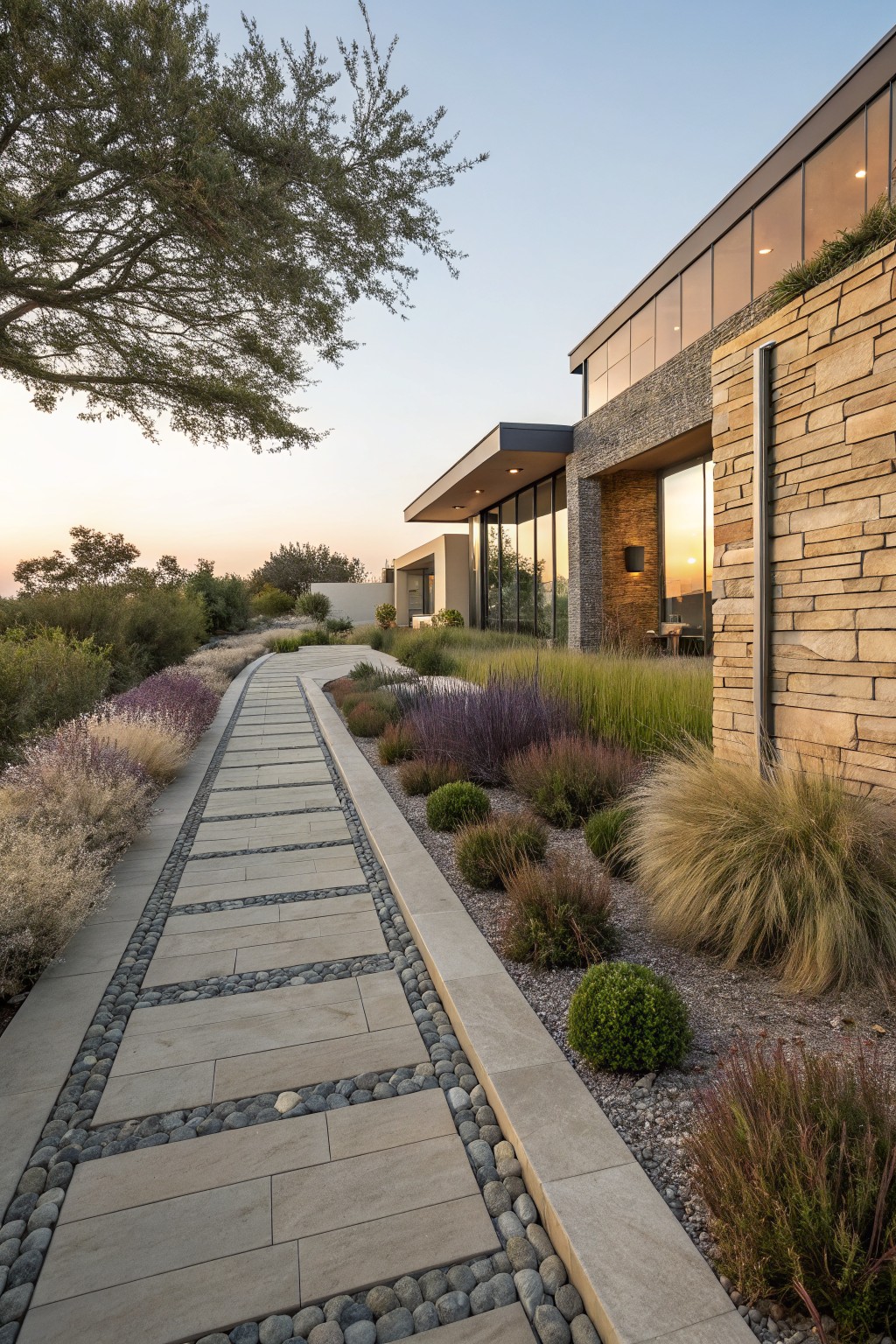 A curving gray stone pathway with pebble borders winds through a xeriscape garden of grasses, shrubs, lavender, and small trees toward a modern house with stone walls, glass windows, and a flat roof at dusk.