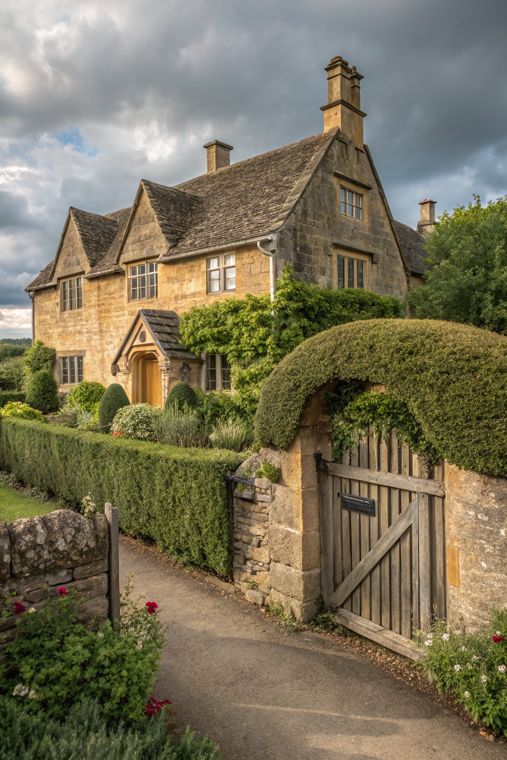 Stone cottage with gabled roof and wooden door, fronted by clipped green hedges forming an arch over a wooden gate set in a low stone wall, with a gravel path and flower beds.