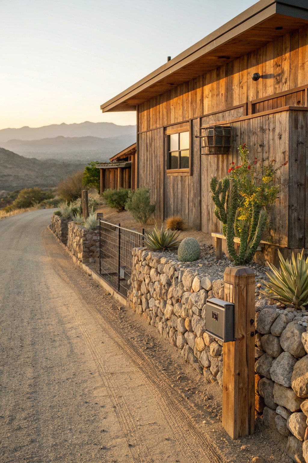Gravel driveway edged by a low dry-stacked wall of boulders with a black metal gate, succulents and cacti planted along it, beside a wooden house with mountains visible in the background at sunset.