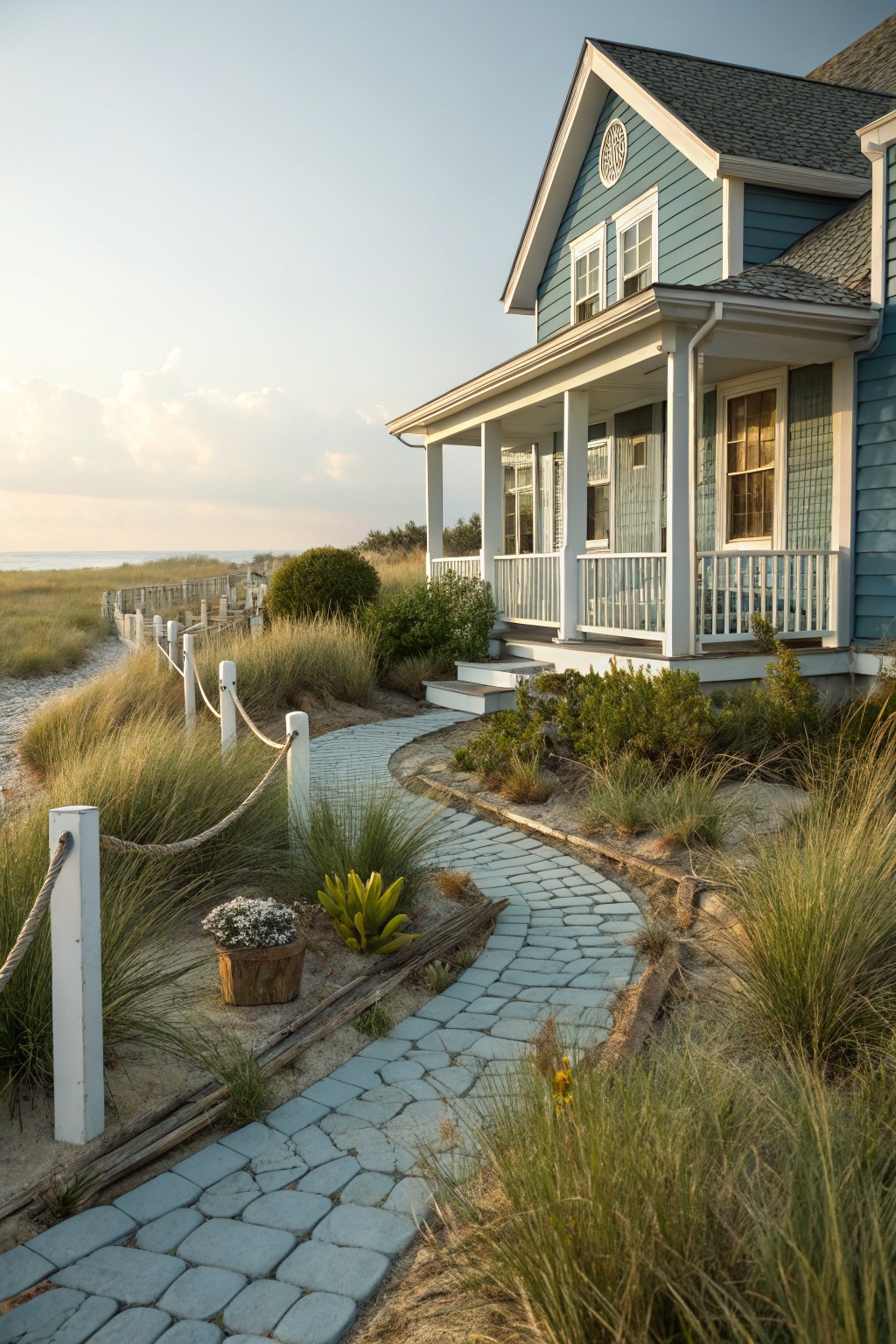 Light blue clapboard house with white porch and shingle roof, approached by curved blue-gray cobblestone path roped with white posts amid dune grasses, shrubs, and sand beside ocean dunes at sunset.