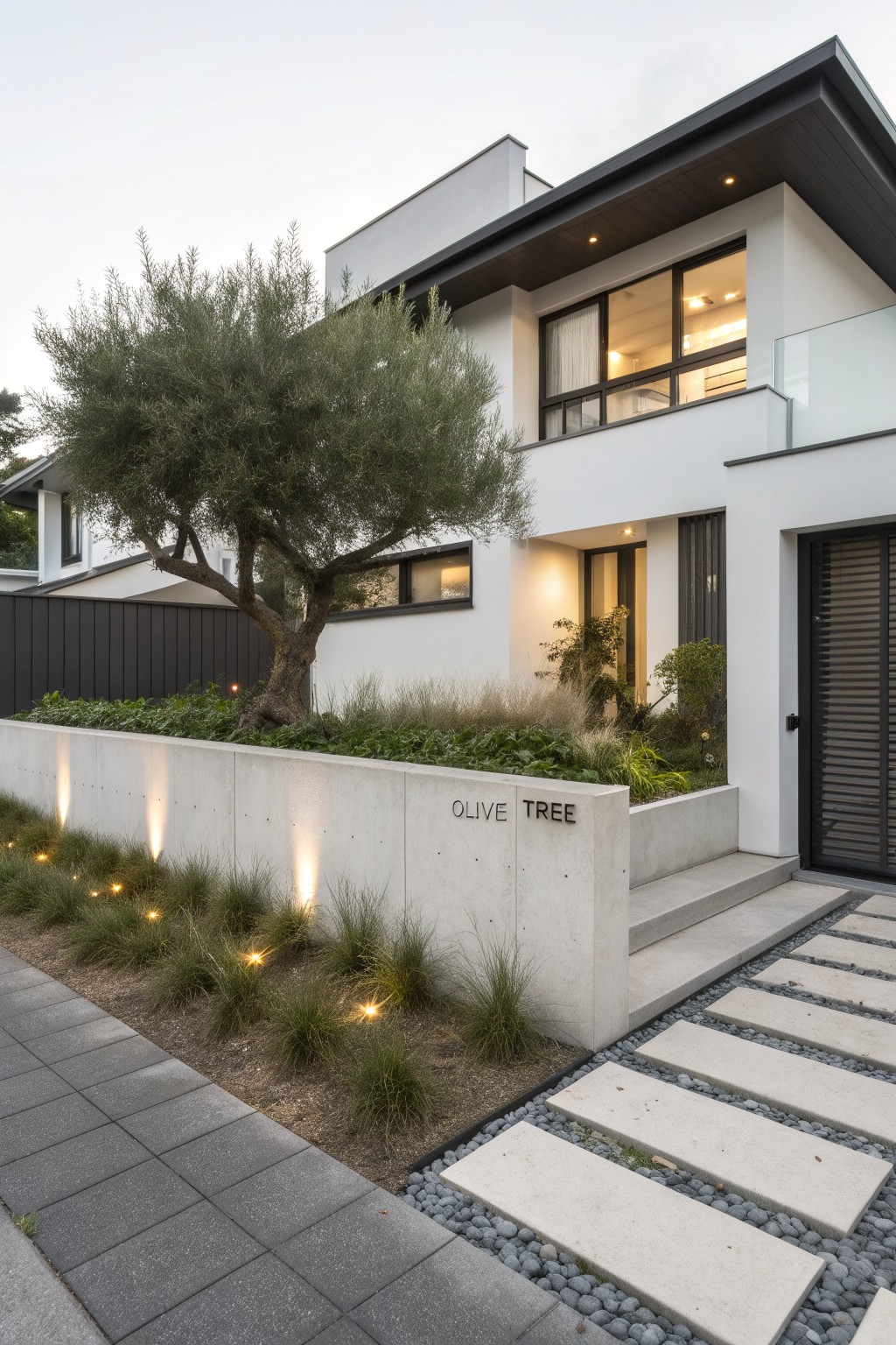 Modern white house exterior featuring a large olive tree beside a low concrete retaining wall engraved 